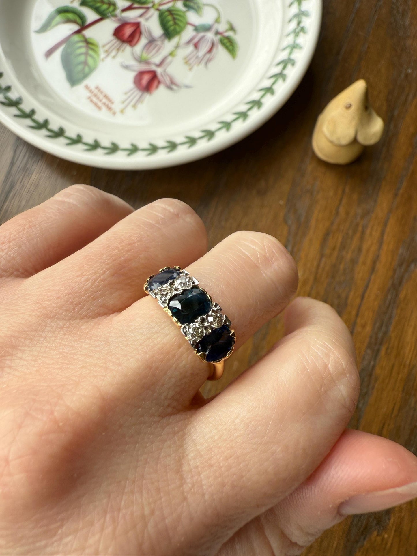 Antique Natural Sapphire Velvety Blue Three Stone Ring with Old Mine Cut Diamond Spacers Green Peacock Victorian Stacker Band