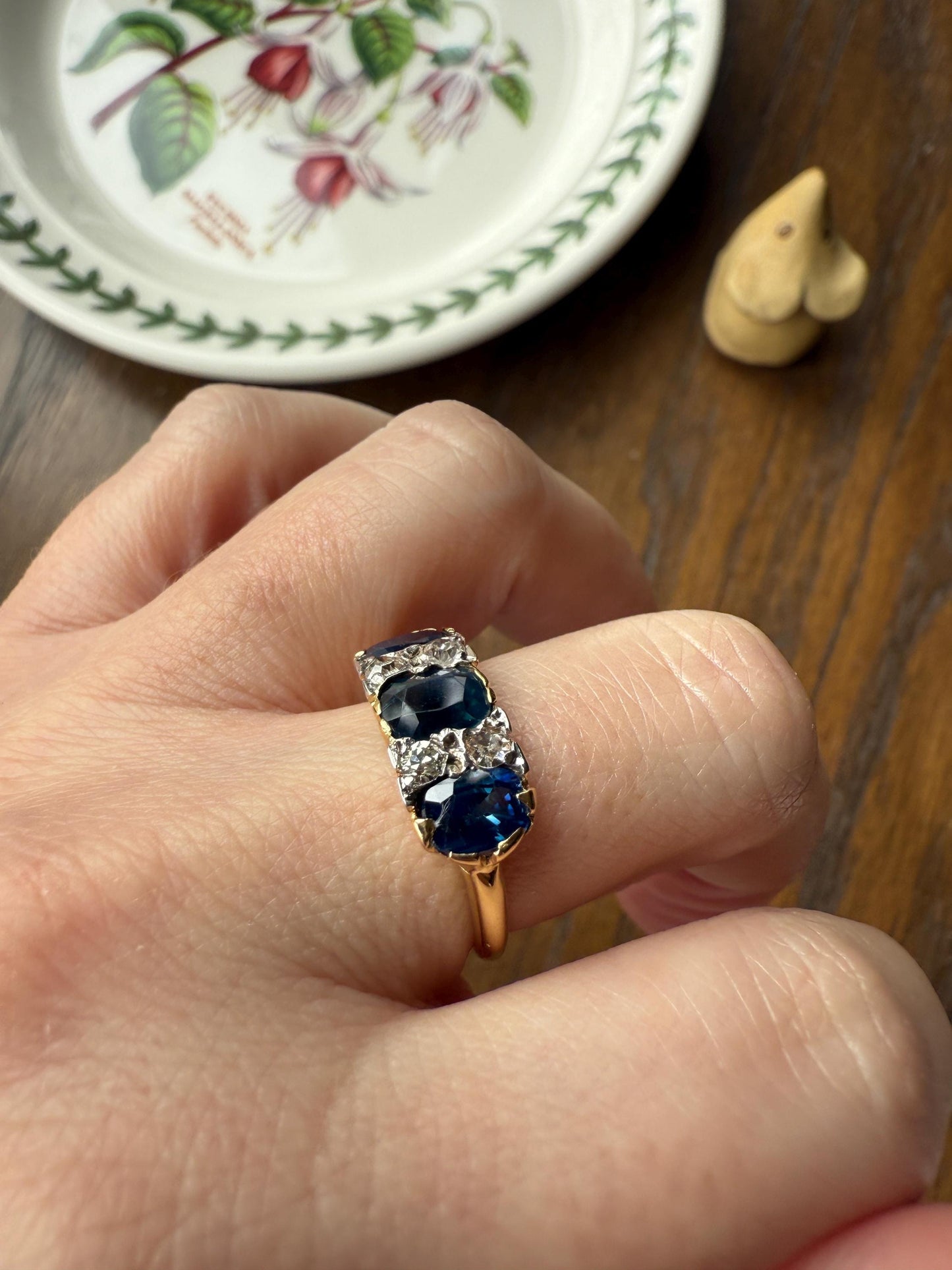 Antique Natural Sapphire Velvety Blue Three Stone Ring with Old Mine Cut Diamond Spacers Green Peacock Victorian Stacker Band