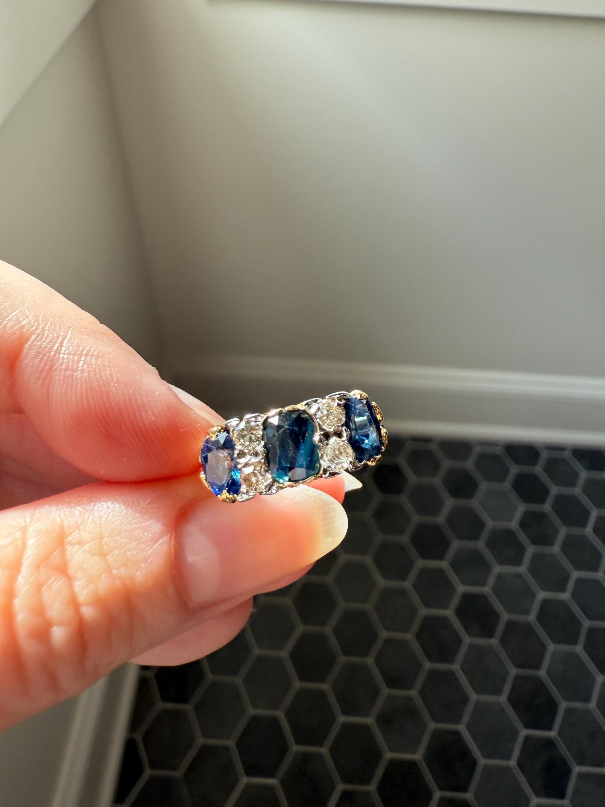 Antique Natural Sapphire Velvety Blue Three Stone Ring with Old Mine Cut Diamond Spacers Green Peacock Victorian Stacker Band
