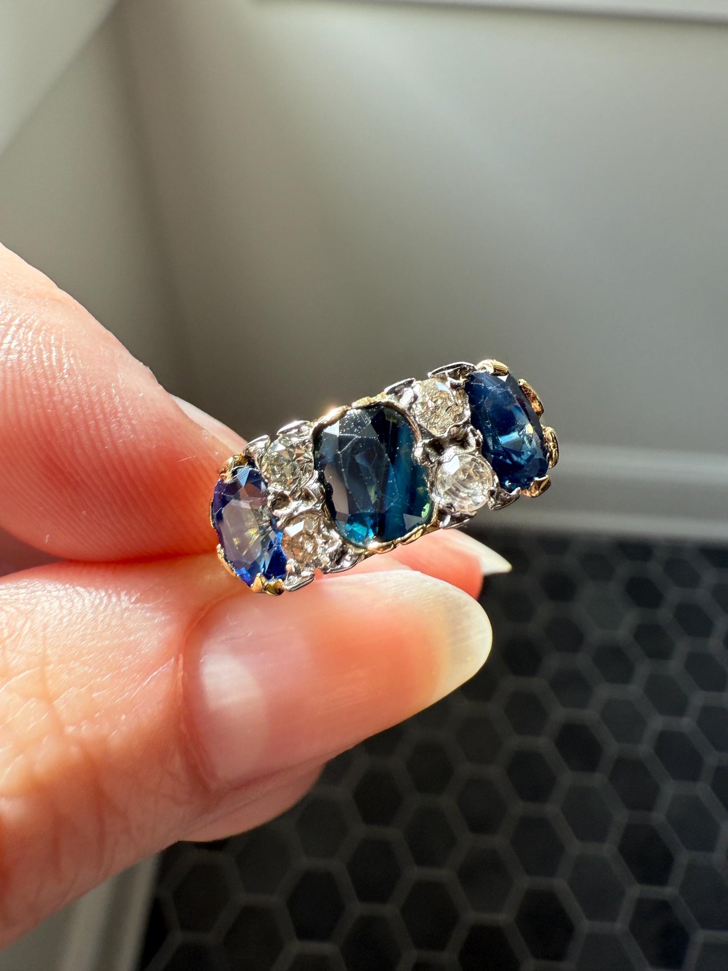 Antique Natural Sapphire Velvety Blue Three Stone Ring with Old Mine Cut Diamond Spacers Green Peacock Victorian Stacker Band