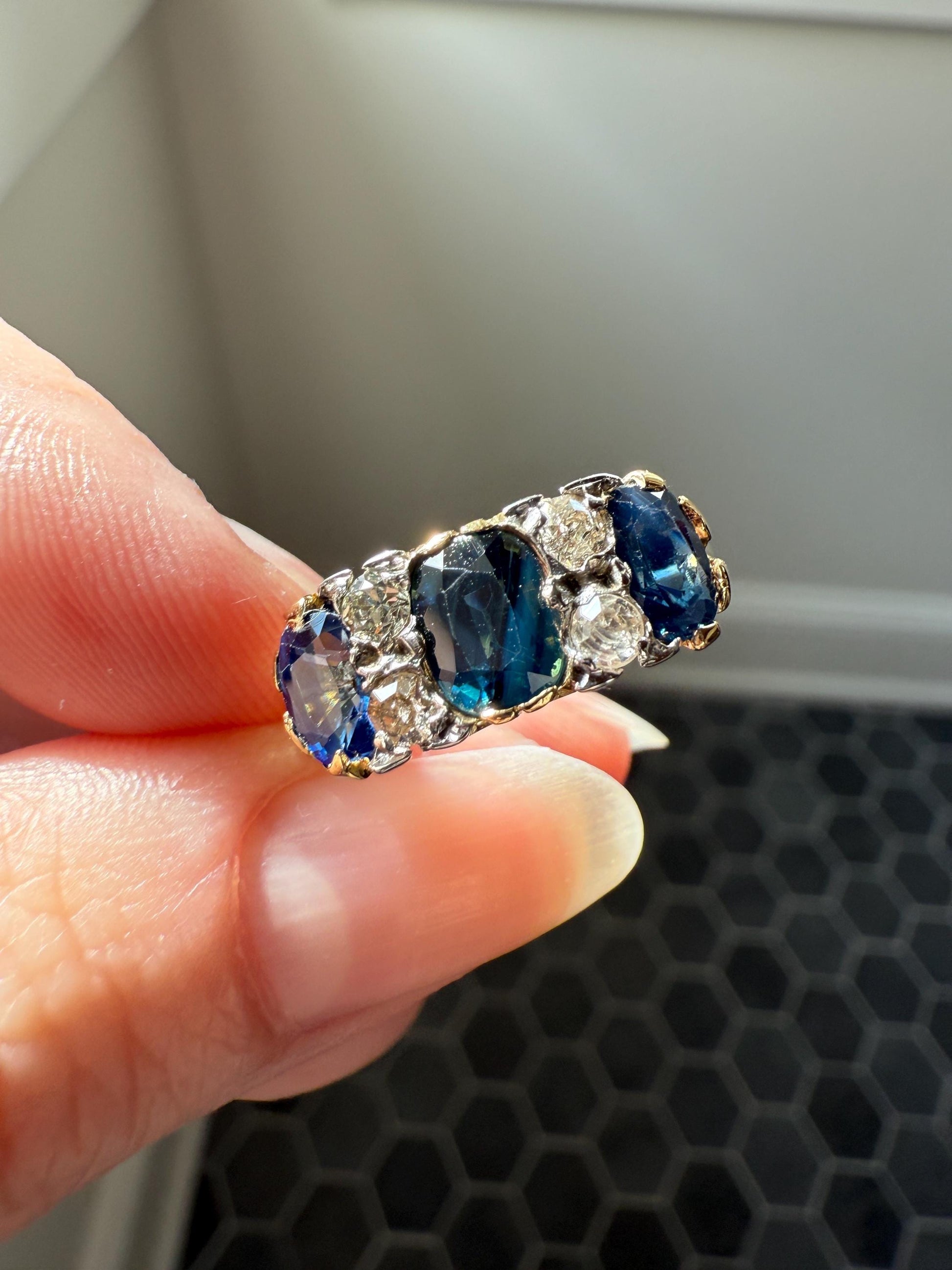 Antique Natural Sapphire Velvety Blue Three Stone Ring with Old Mine Cut Diamond Spacers Green Peacock Victorian Stacker Band