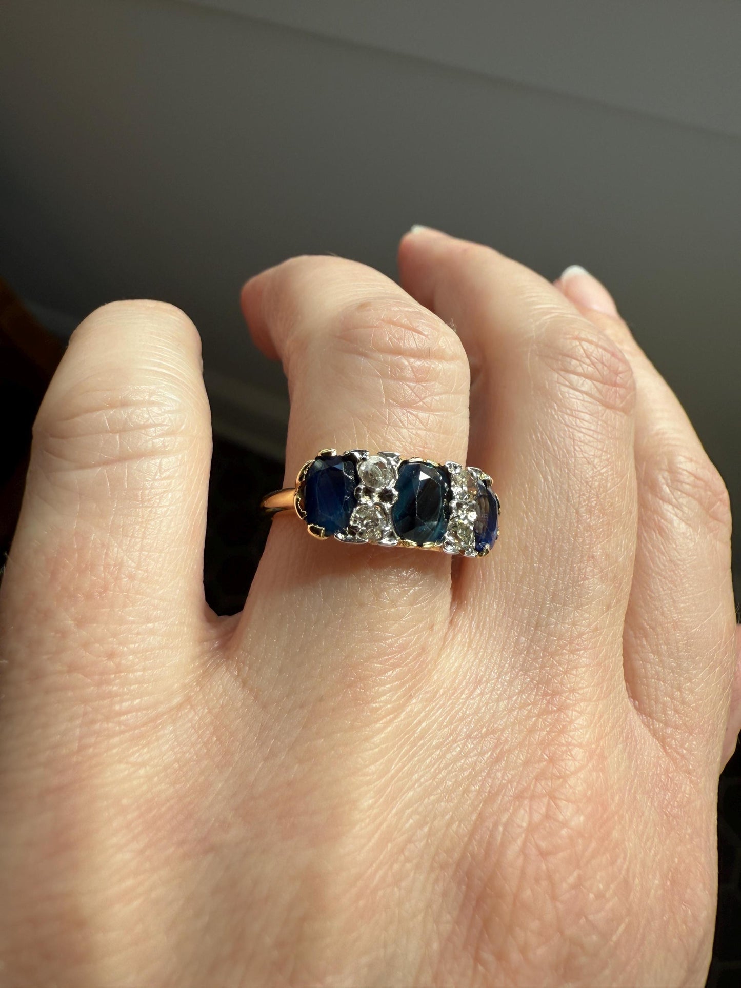 Antique Natural Sapphire Velvety Blue Three Stone Ring with Old Mine Cut Diamond Spacers Green Peacock Victorian Stacker Band