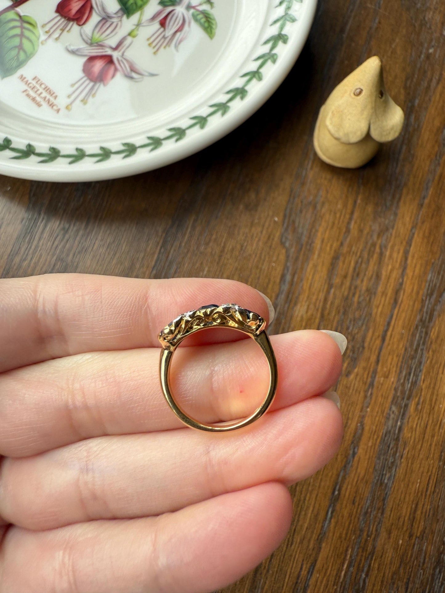 Antique Natural Sapphire Velvety Blue Three Stone Ring with Old Mine Cut Diamond Spacers Green Peacock Victorian Stacker Band