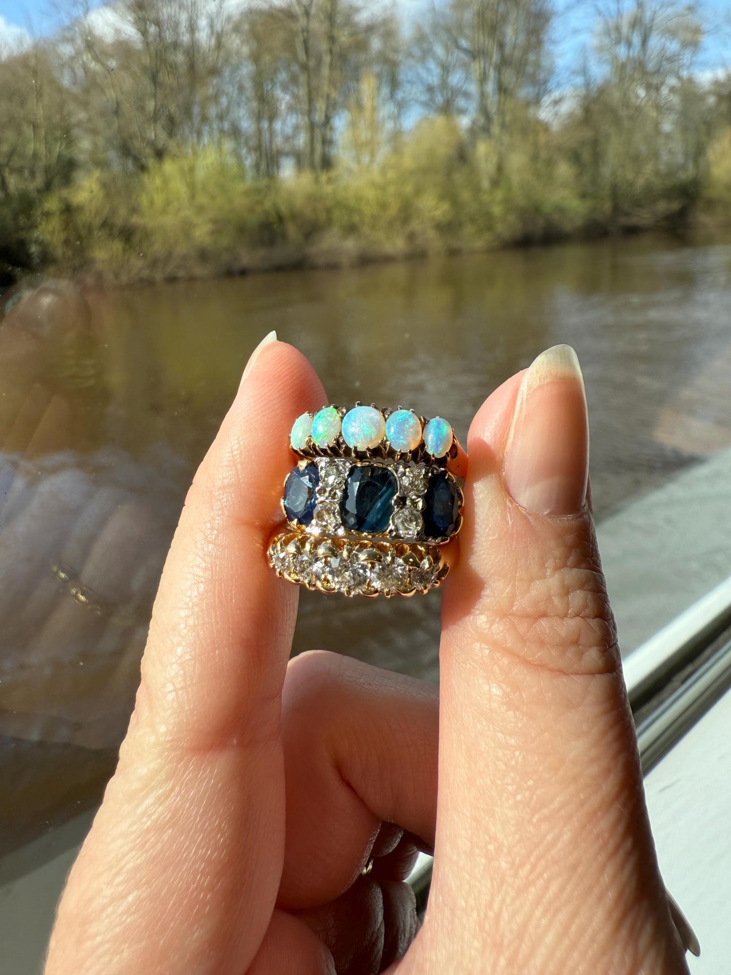 Antique Natural Sapphire Velvety Blue Three Stone Ring with Old Mine Cut Diamond Spacers Green Peacock Victorian Stacker Band