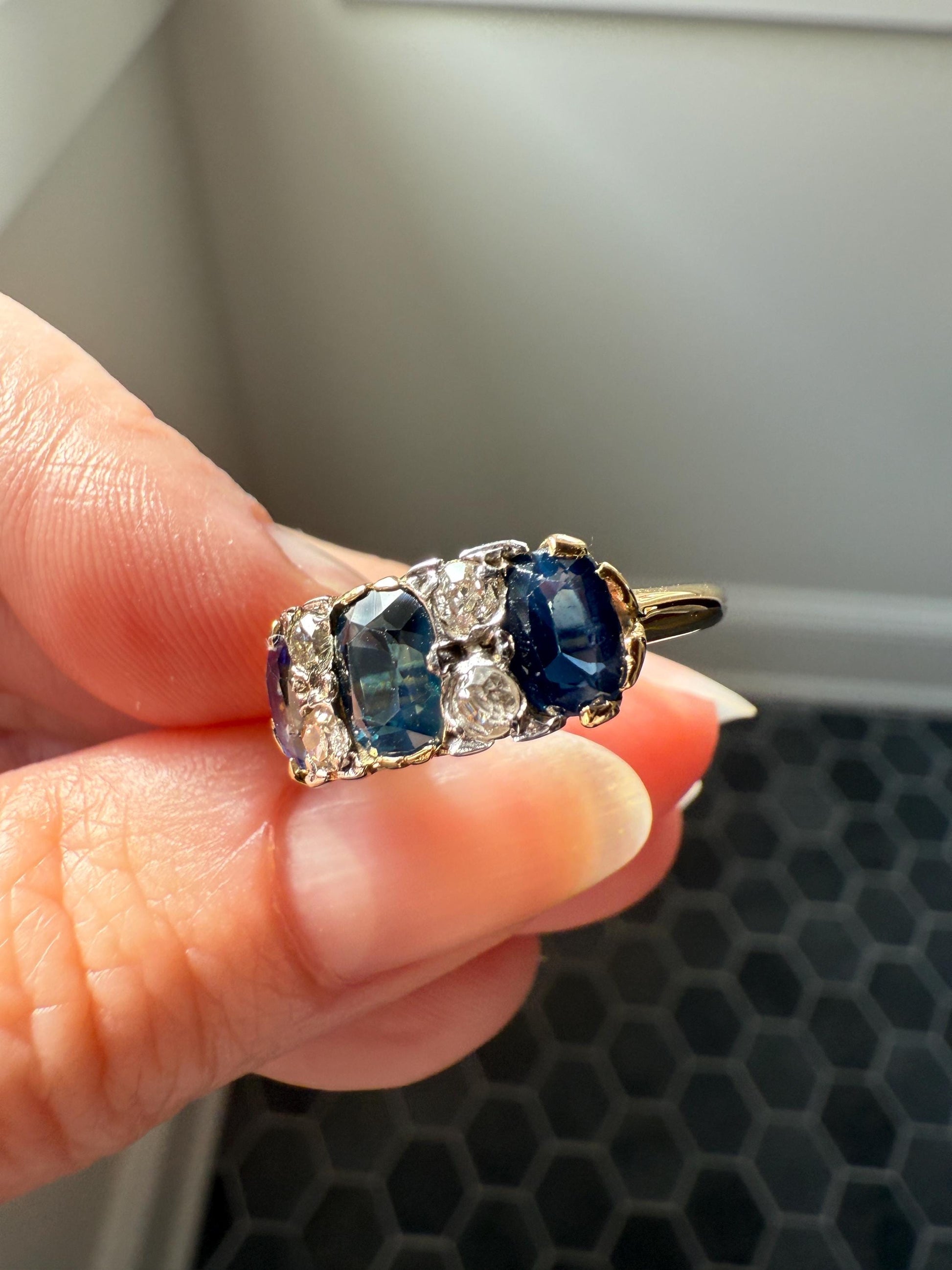 Antique Natural Sapphire Velvety Blue Three Stone Ring with Old Mine Cut Diamond Spacers Green Peacock Victorian Stacker Band