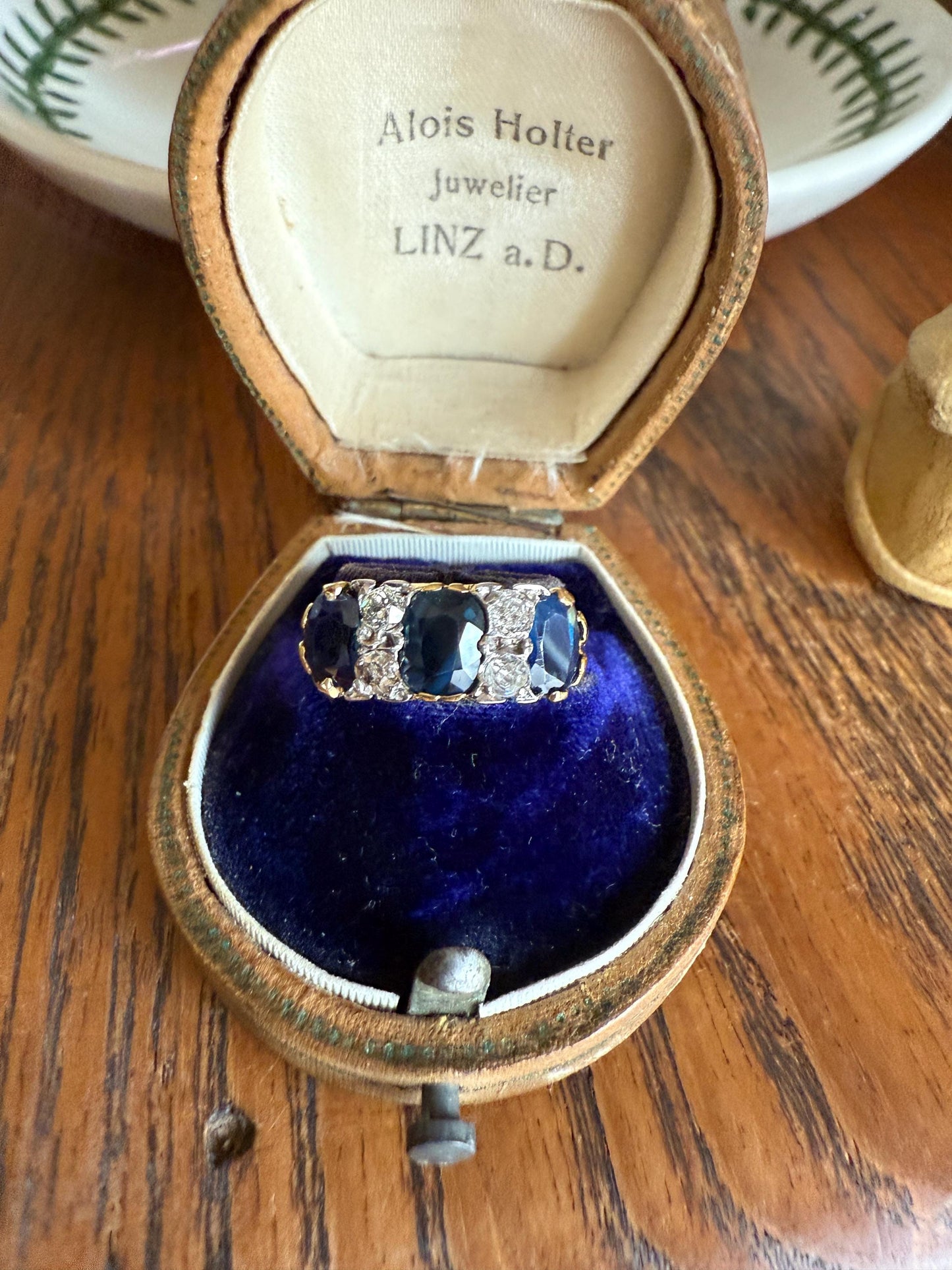 Antique Natural Sapphire Velvety Blue Three Stone Ring with Old Mine Cut Diamond Spacers Green Peacock Victorian Stacker Band