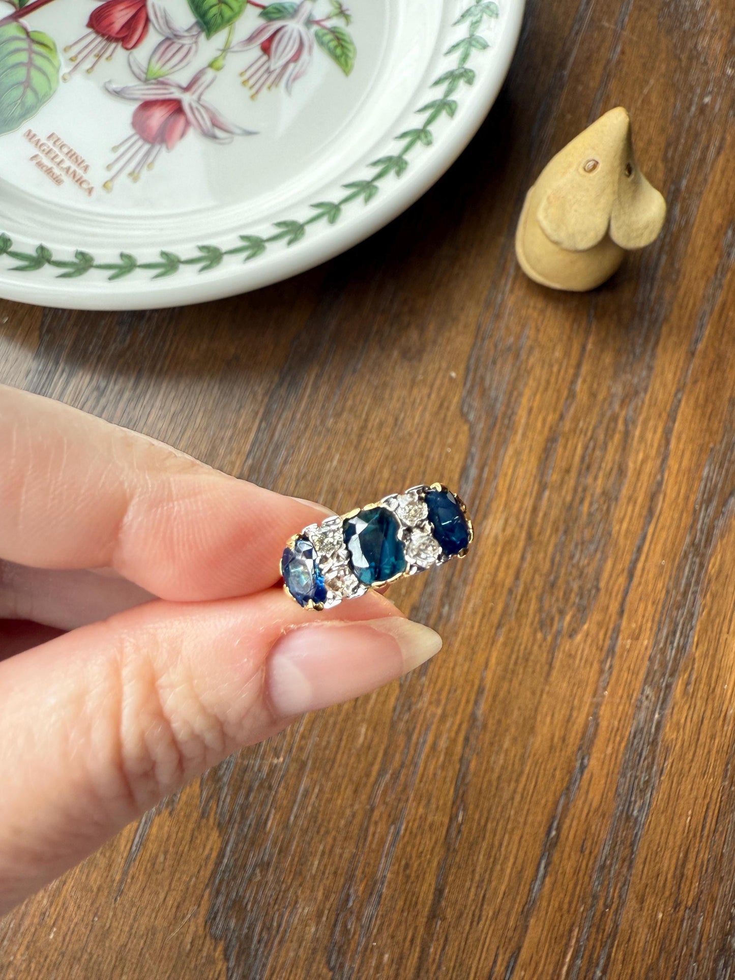 Antique Natural Sapphire Velvety Blue Three Stone Ring with Old Mine Cut Diamond Spacers Green Peacock Victorian Stacker Band