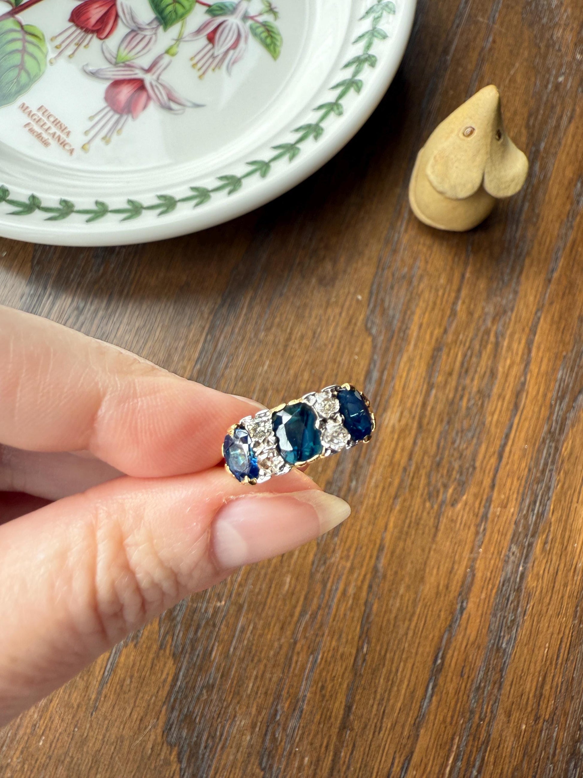 Antique Natural Sapphire Velvety Blue Three Stone Ring with Old Mine Cut Diamond Spacers Green Peacock Victorian Stacker Band