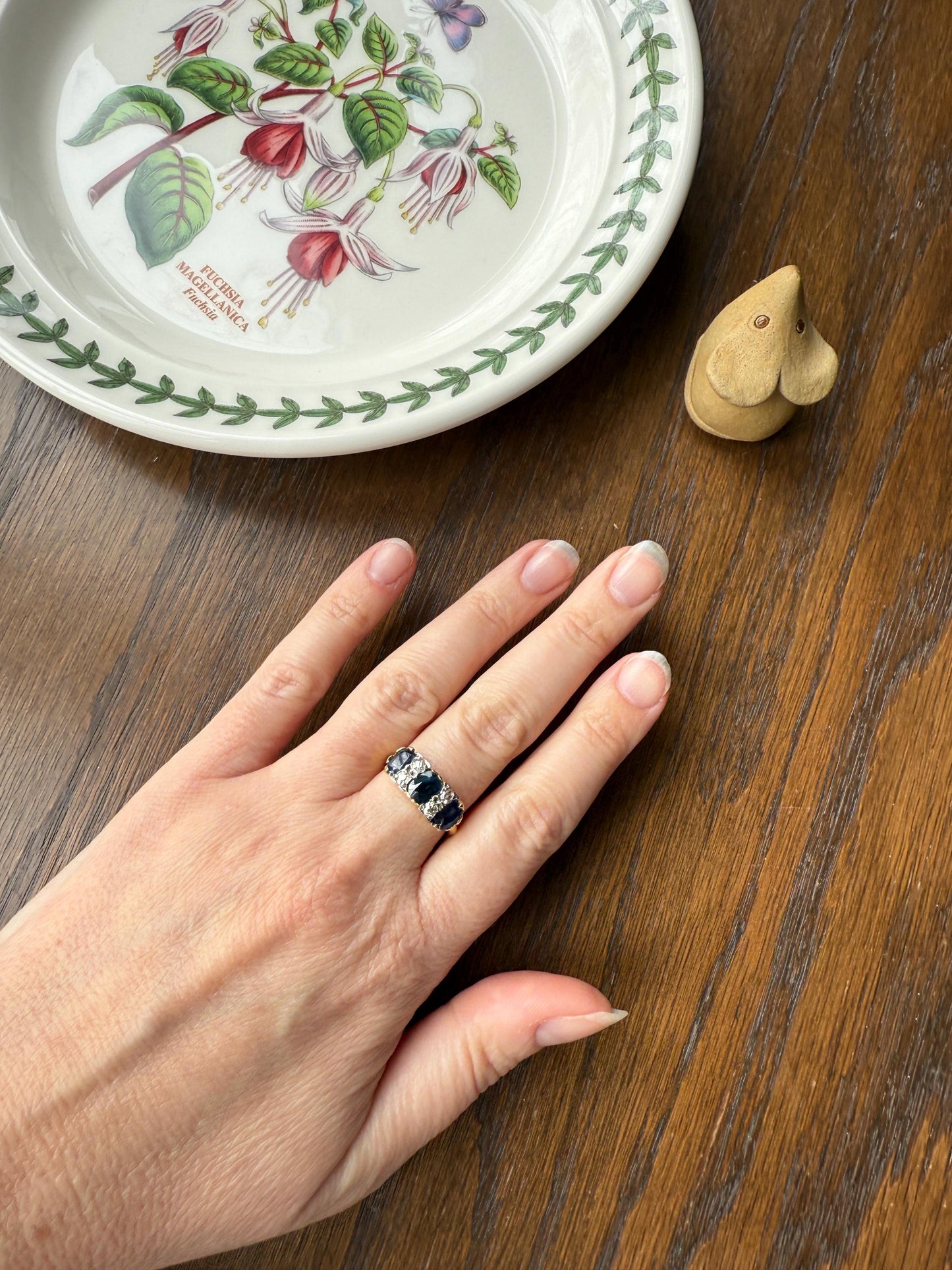 Antique Natural Sapphire Velvety Blue Three Stone Ring with Old Mine Cut Diamond Spacers Green Peacock Victorian Stacker Band