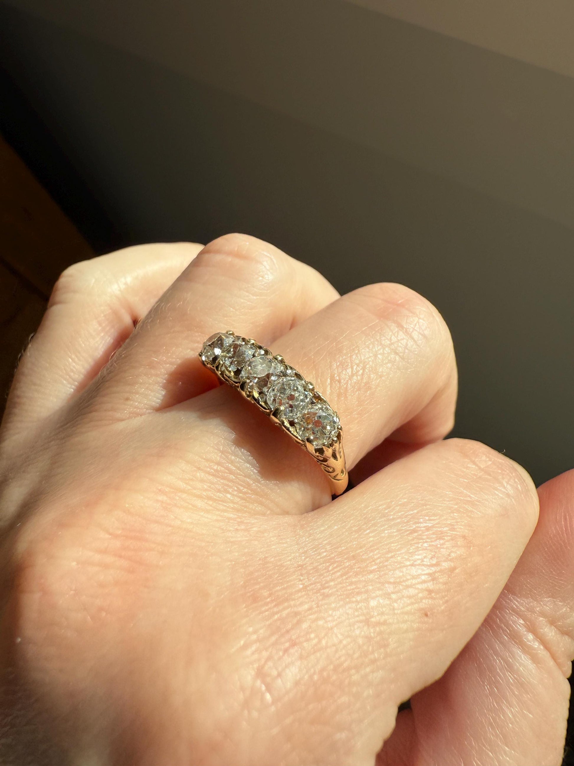 Victorian 2.25 Carats Antique Old Mine Cut Diamond Five Stone Ring 18k Gold Chunky Scrolled Ornate Band