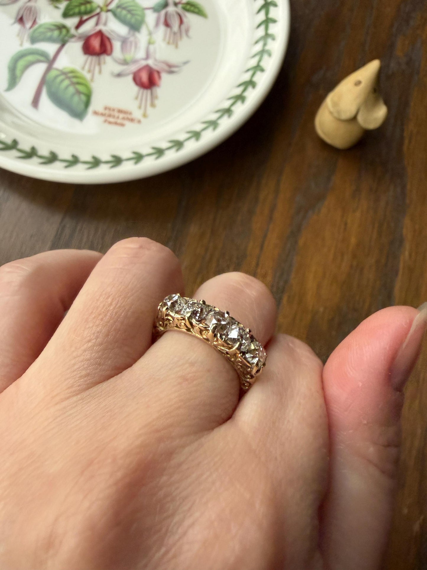 Victorian 2.25 Carats Antique Old Mine Cut Diamond Five Stone Ring 18k Gold Chunky Scrolled Ornate Band