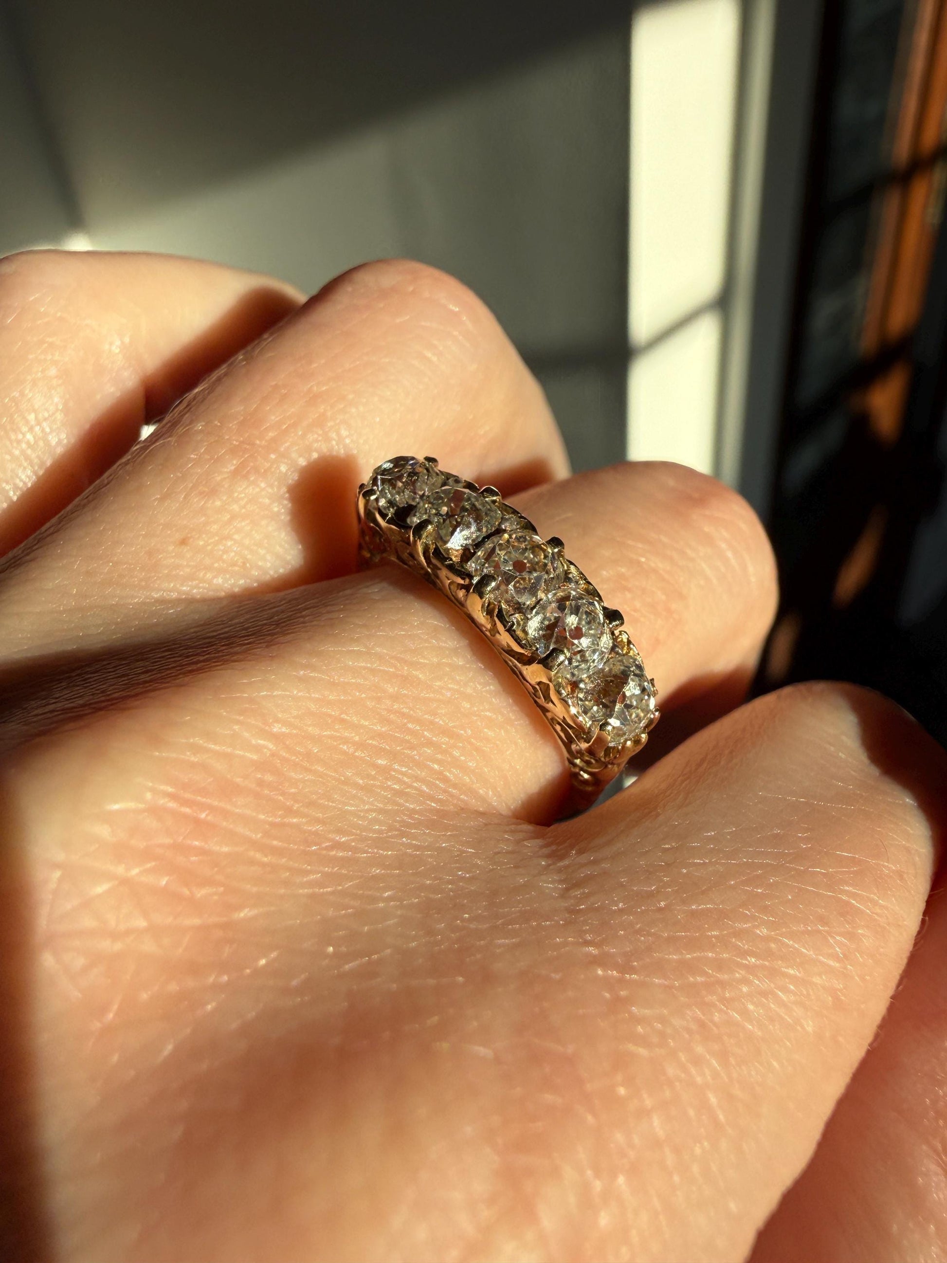 Victorian 2.25 Carats Antique Old Mine Cut Diamond Five Stone Ring 18k Gold Chunky Scrolled Ornate Band