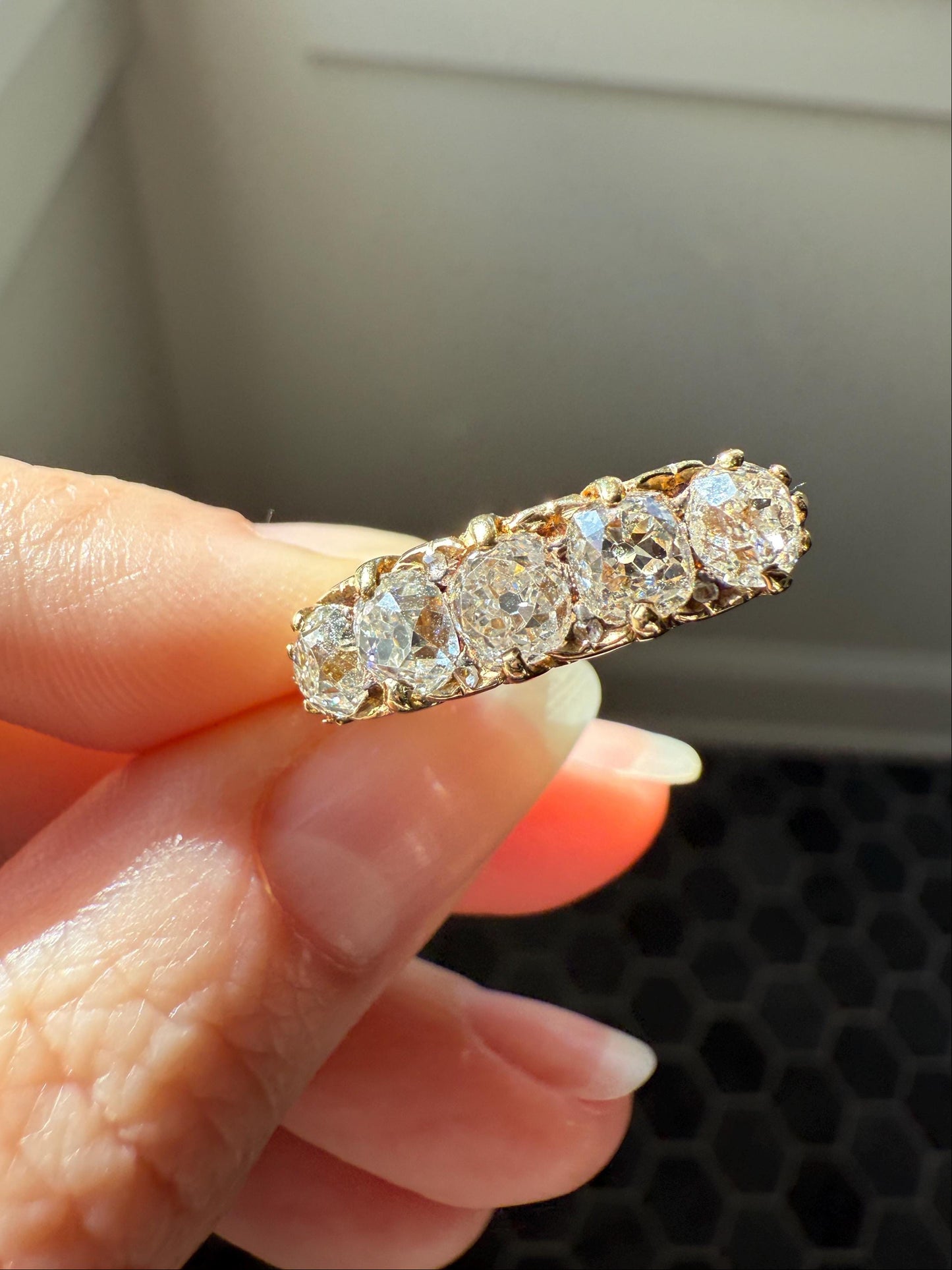 Victorian 2.25 Carats Antique Old Mine Cut Diamond Five Stone Ring 18k Gold Chunky Scrolled Ornate Band