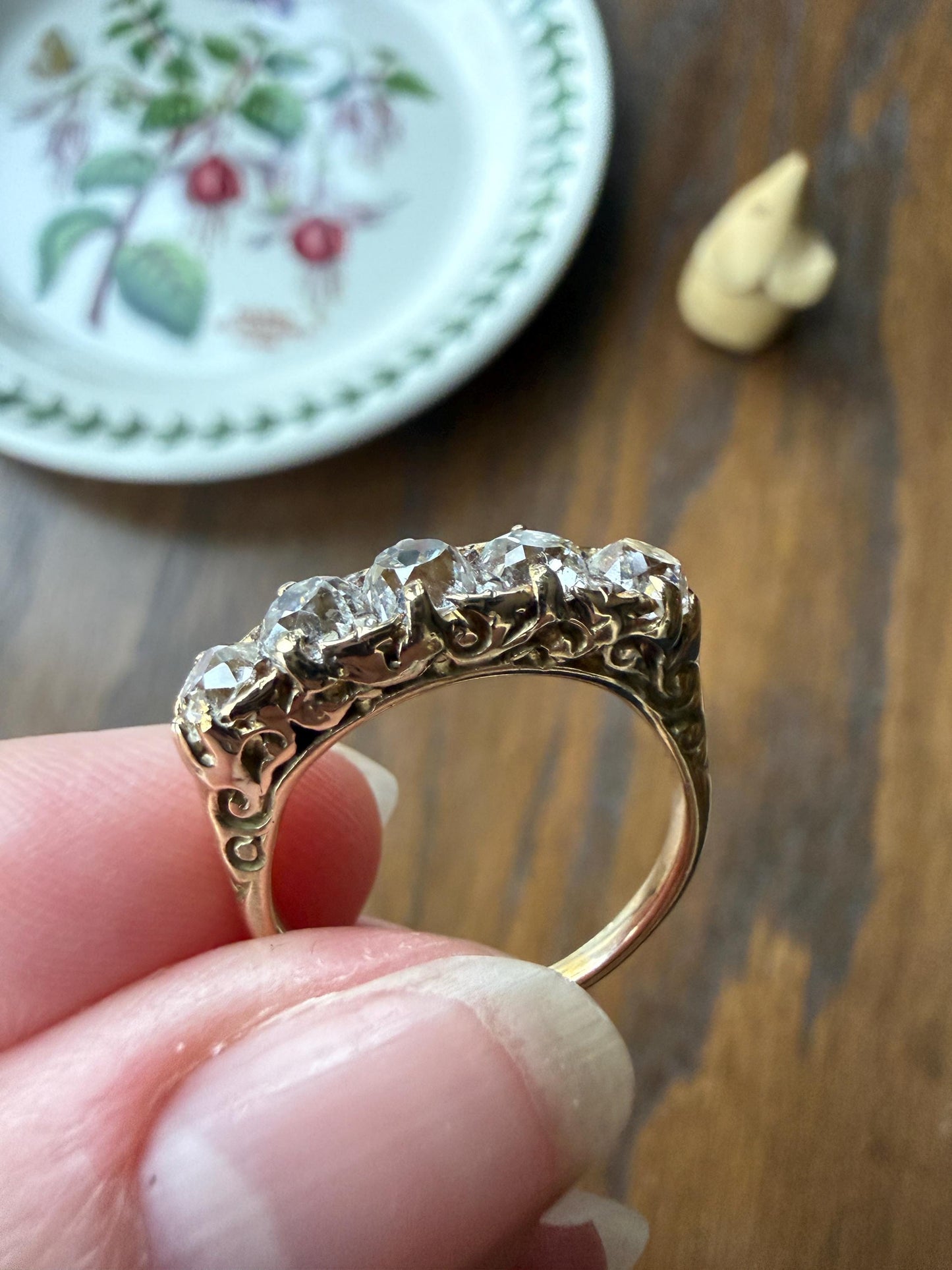 Victorian 2.25 Carats Antique Old Mine Cut Diamond Five Stone Ring 18k Gold Chunky Scrolled Ornate Band