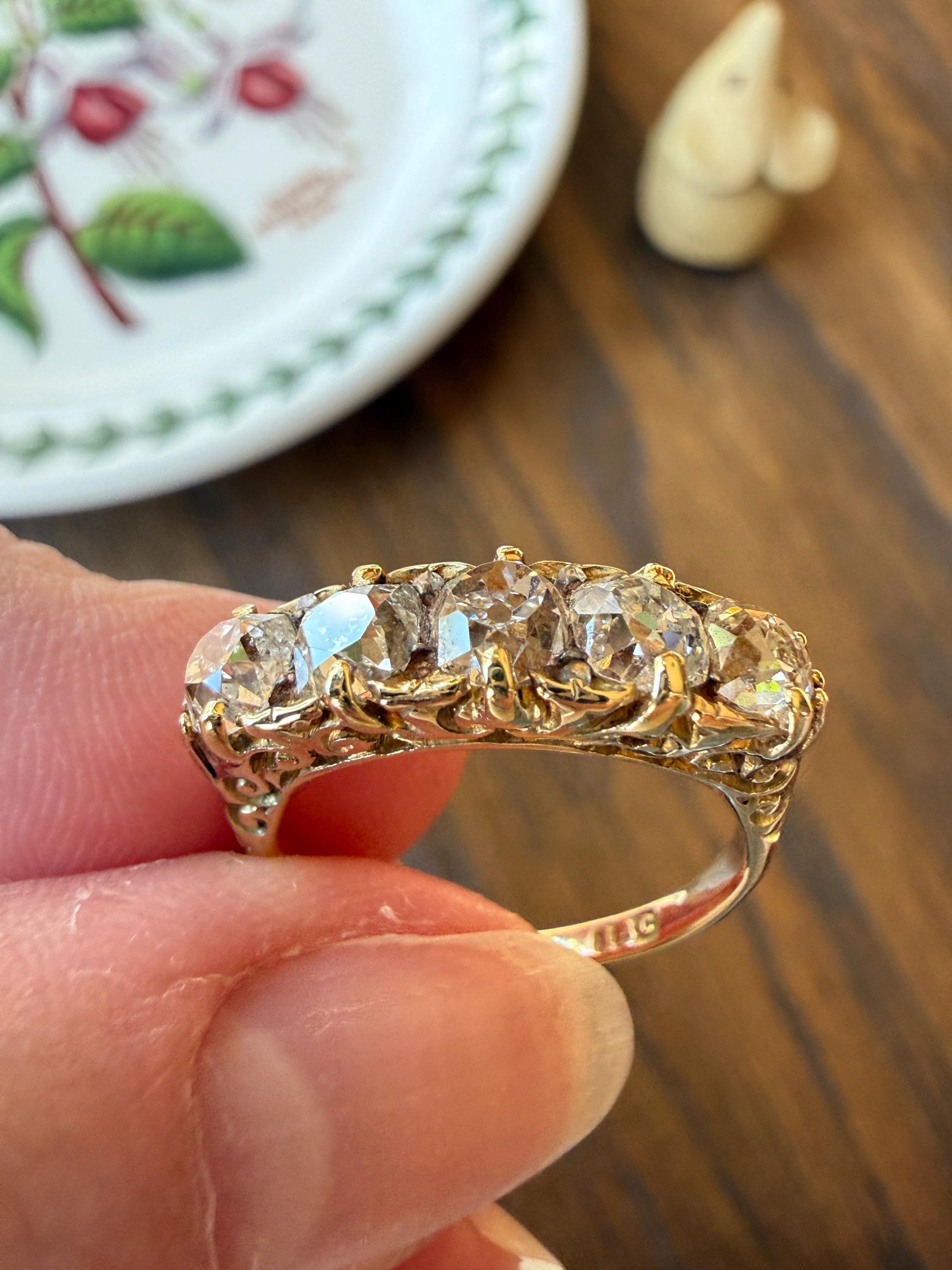 Victorian 2.25 Carats Antique Old Mine Cut Diamond Five Stone Ring 18k Gold Chunky Scrolled Ornate Band