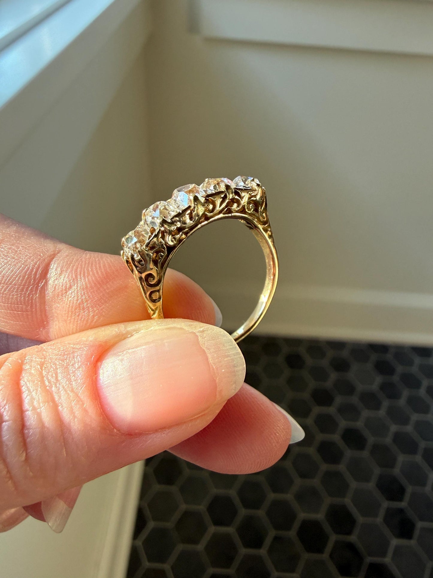 Victorian 2.25 Carats Antique Old Mine Cut Diamond Five Stone Ring 18k Gold Chunky Scrolled Ornate Band