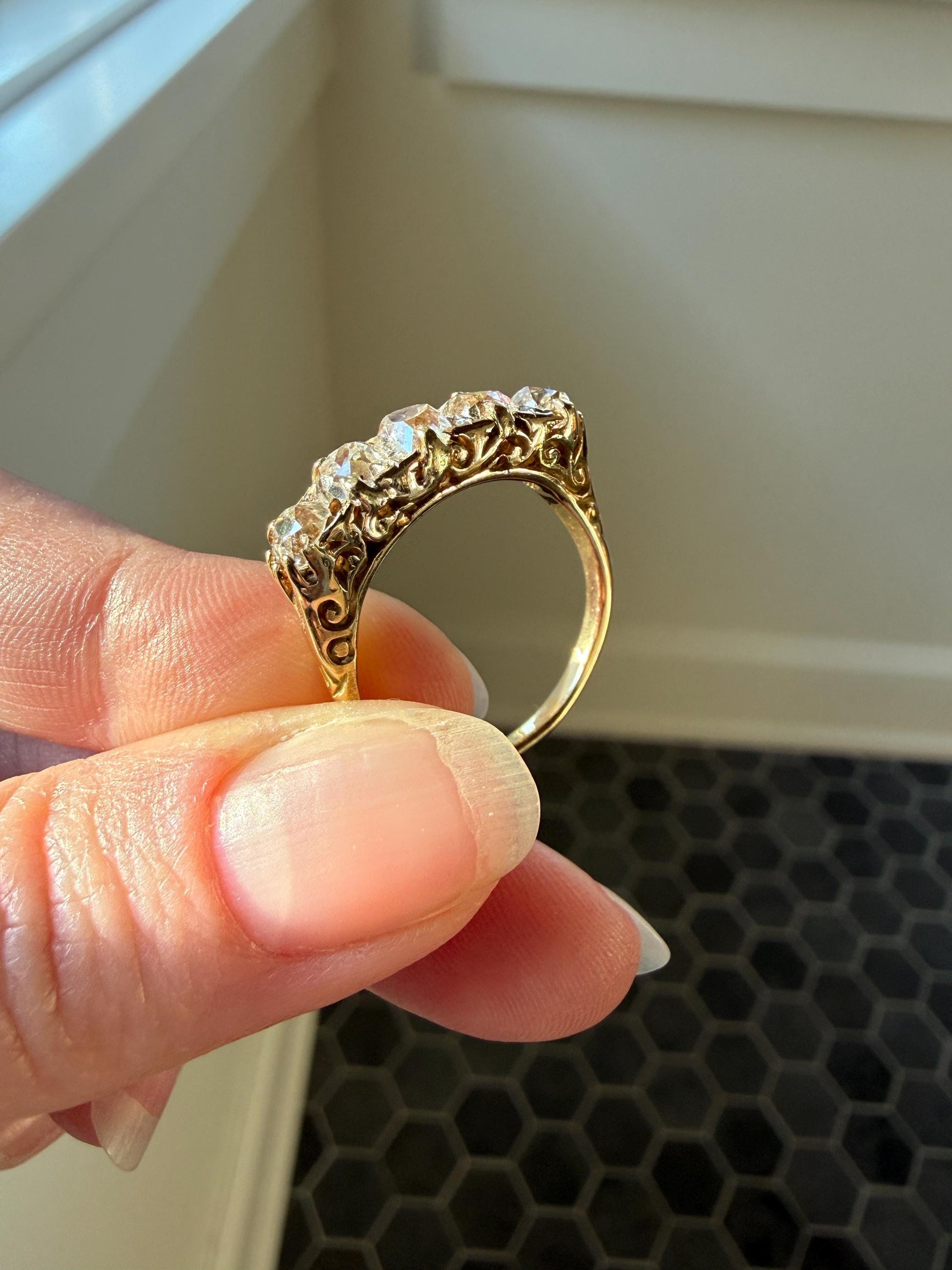 Victorian 2.25 Carats Antique Old Mine Cut Diamond Five Stone Ring 18k Gold Chunky Scrolled Ornate Band