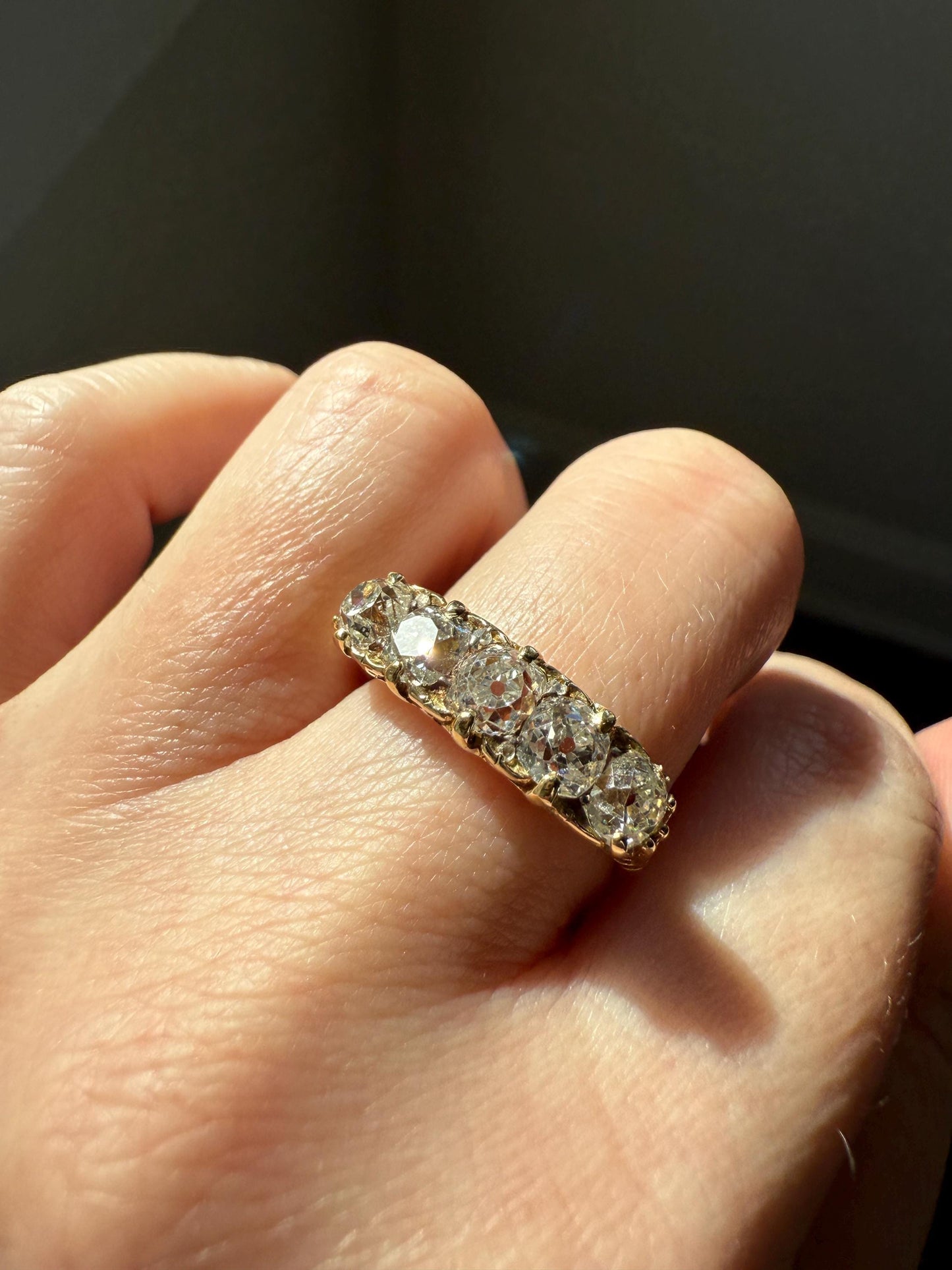 Victorian 2.25 Carats Antique Old Mine Cut Diamond Five Stone Ring 18k Gold Chunky Scrolled Ornate Band