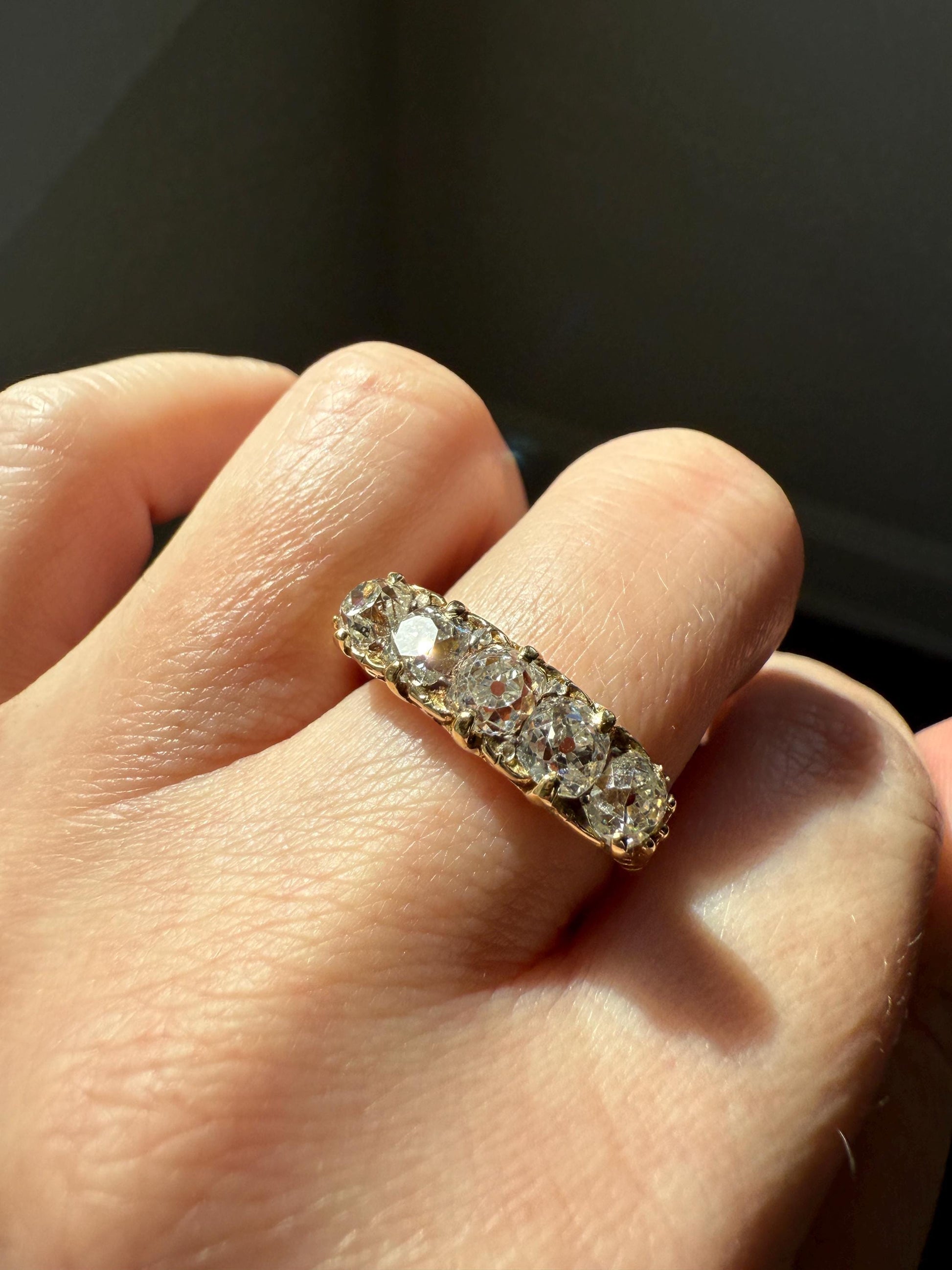 Victorian 2.25 Carats Antique Old Mine Cut Diamond Five Stone Ring 18k Gold Chunky Scrolled Ornate Band