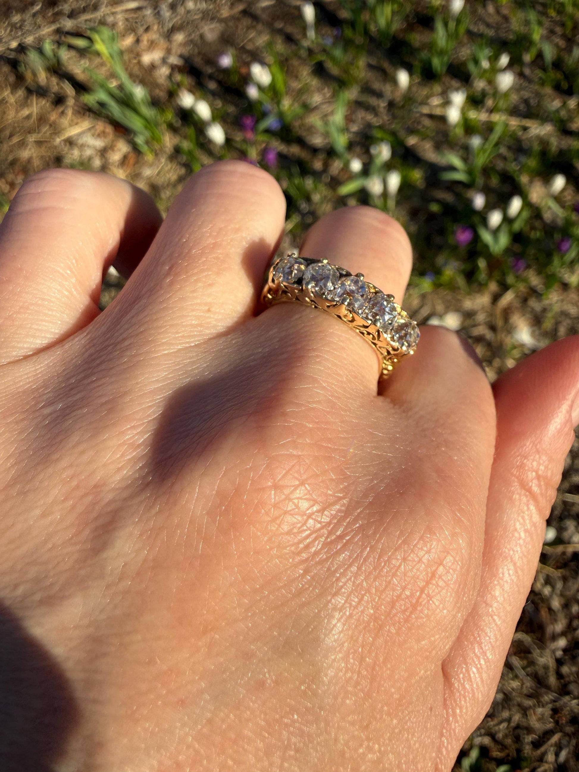 Victorian 2.25 Carats Antique Old Mine Cut Diamond Five Stone Ring 18k Gold Chunky Scrolled Ornate Band