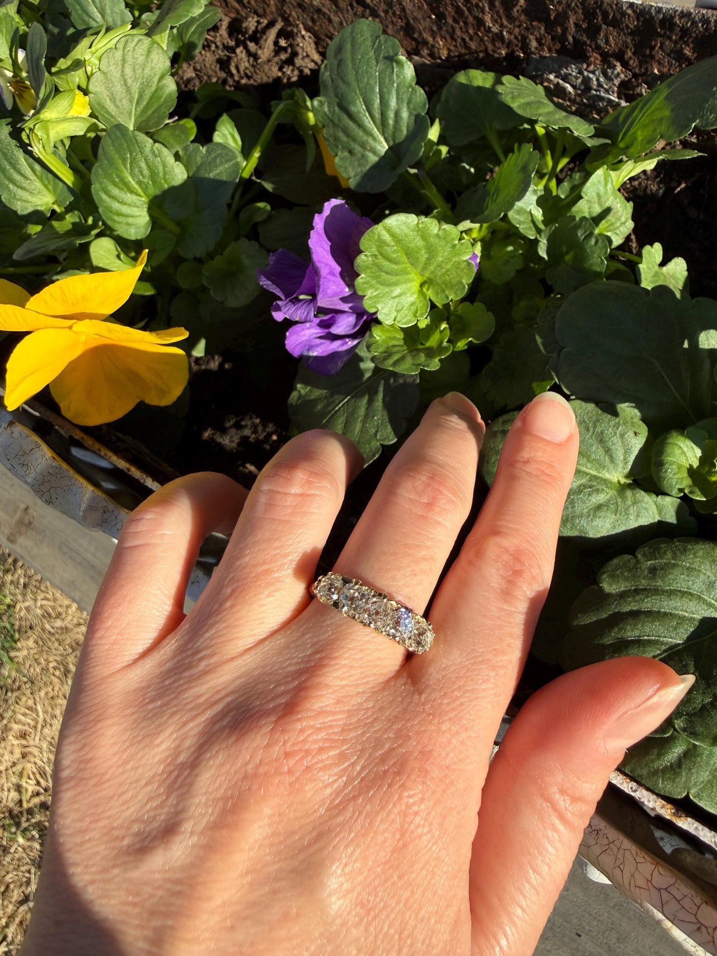 Victorian 2.25 Carats Antique Old Mine Cut Diamond Five Stone Ring 18k Gold Chunky Scrolled Ornate Band