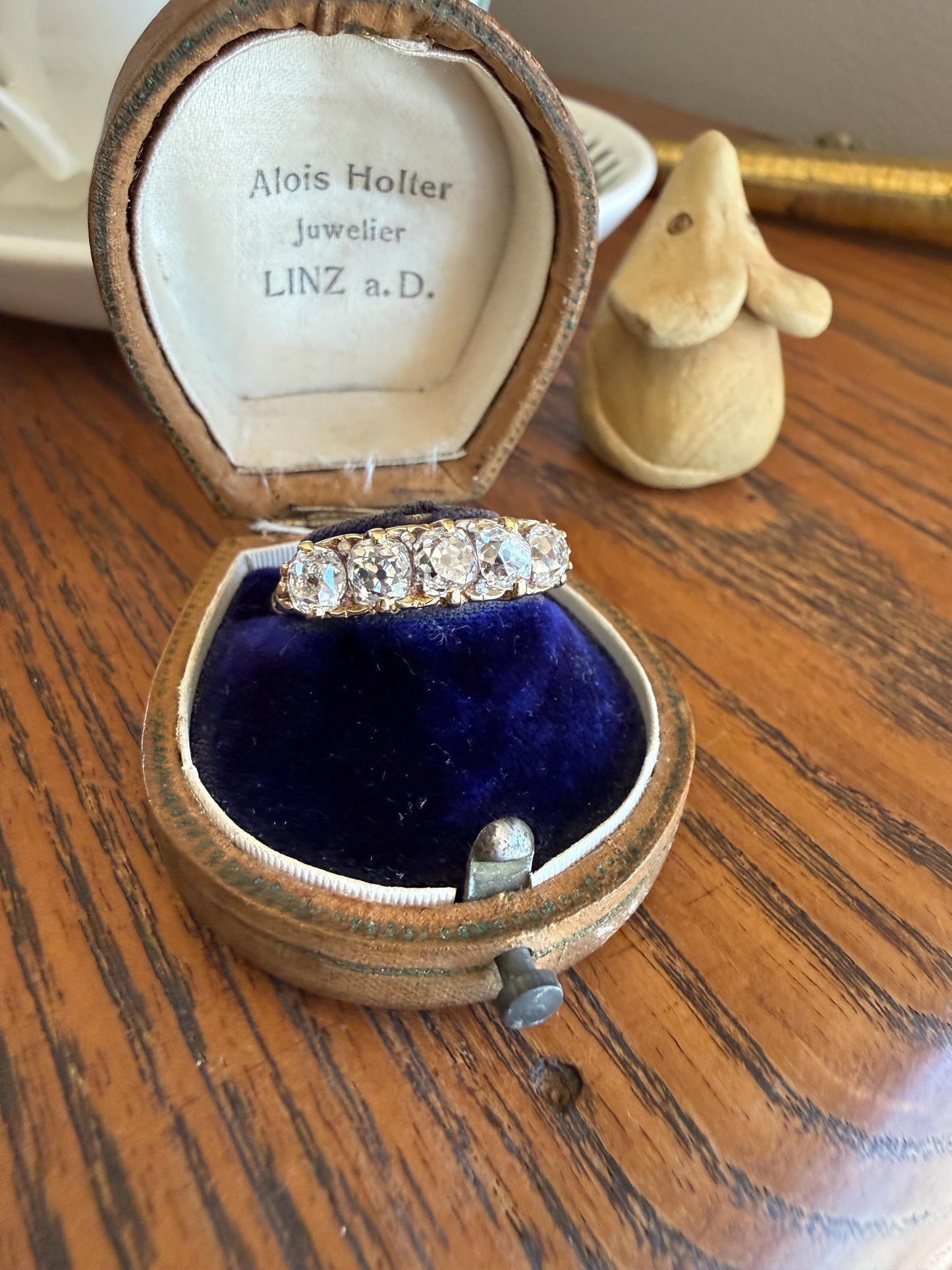 Victorian 2.25 Carats Antique Old Mine Cut Diamond Five Stone Ring 18k Gold Chunky Scrolled Ornate Band