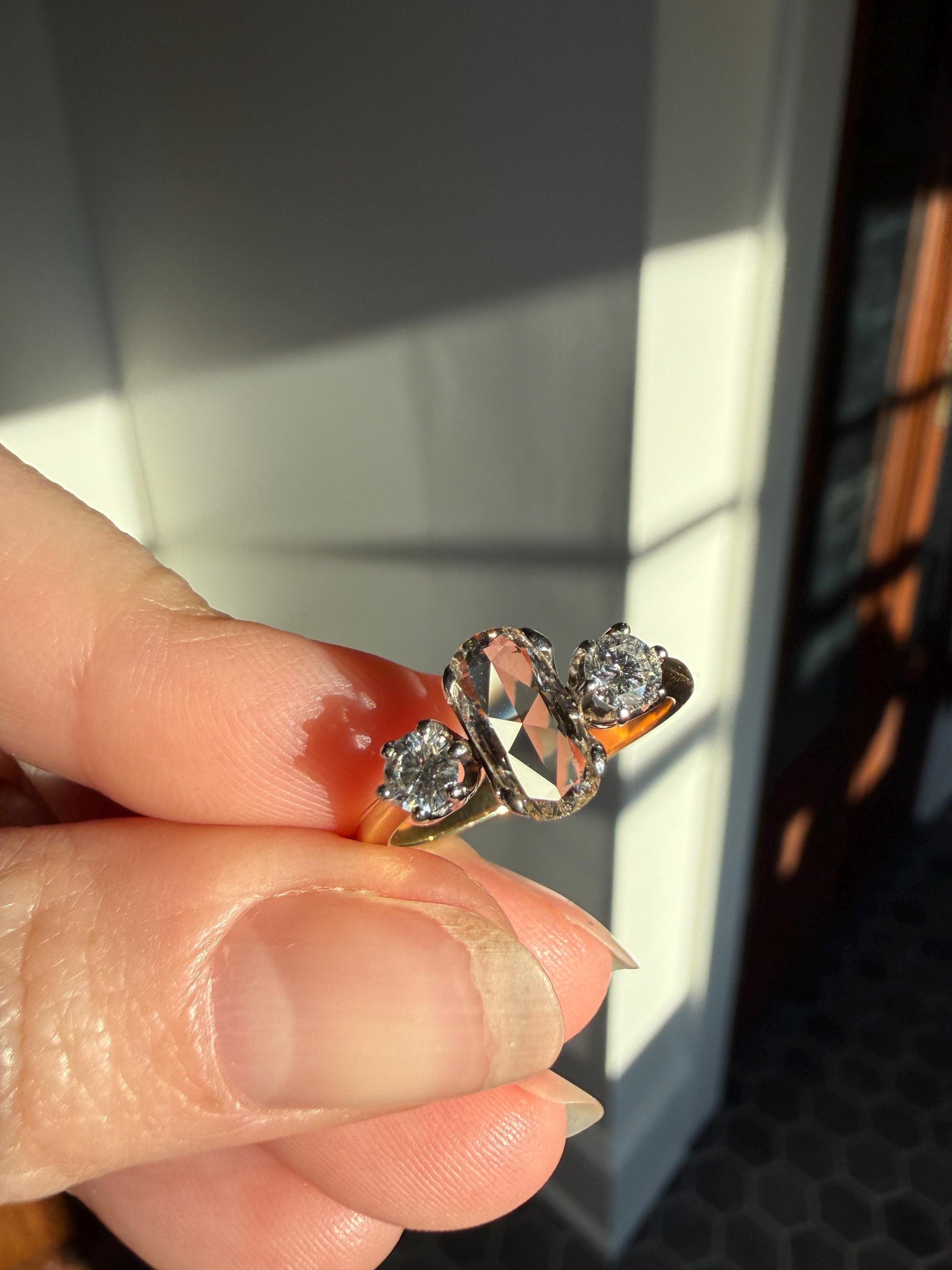 Unique Vintage Elongated Natural VS Portrait Rose Cut Three Stone DIAMOND Ring 18k Gold Solid Cushion Oval Stacker Band