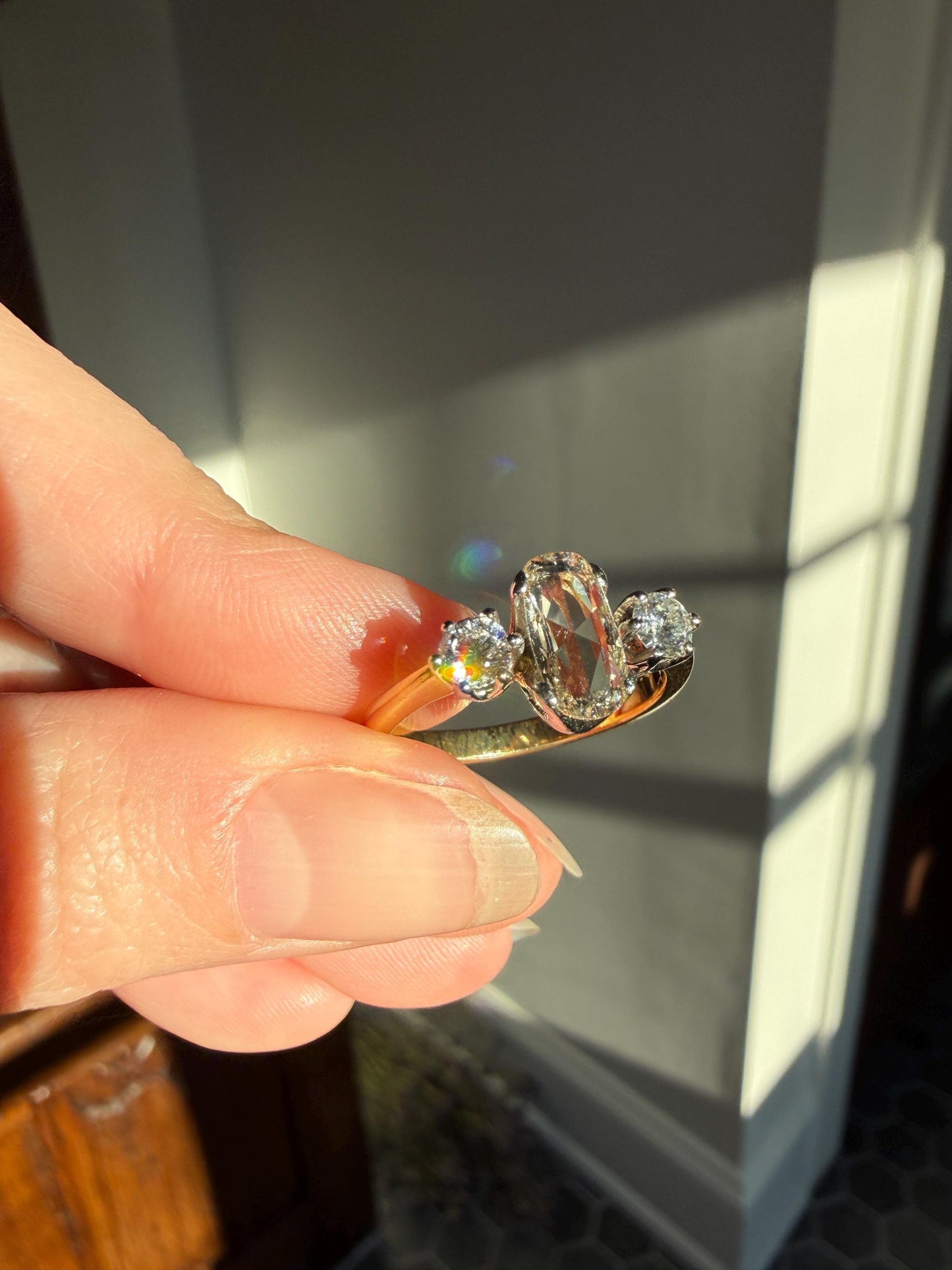 Unique Vintage Elongated Natural VS Portrait Rose Cut Three Stone DIAMOND Ring 18k Gold Solid Cushion Oval Stacker Band