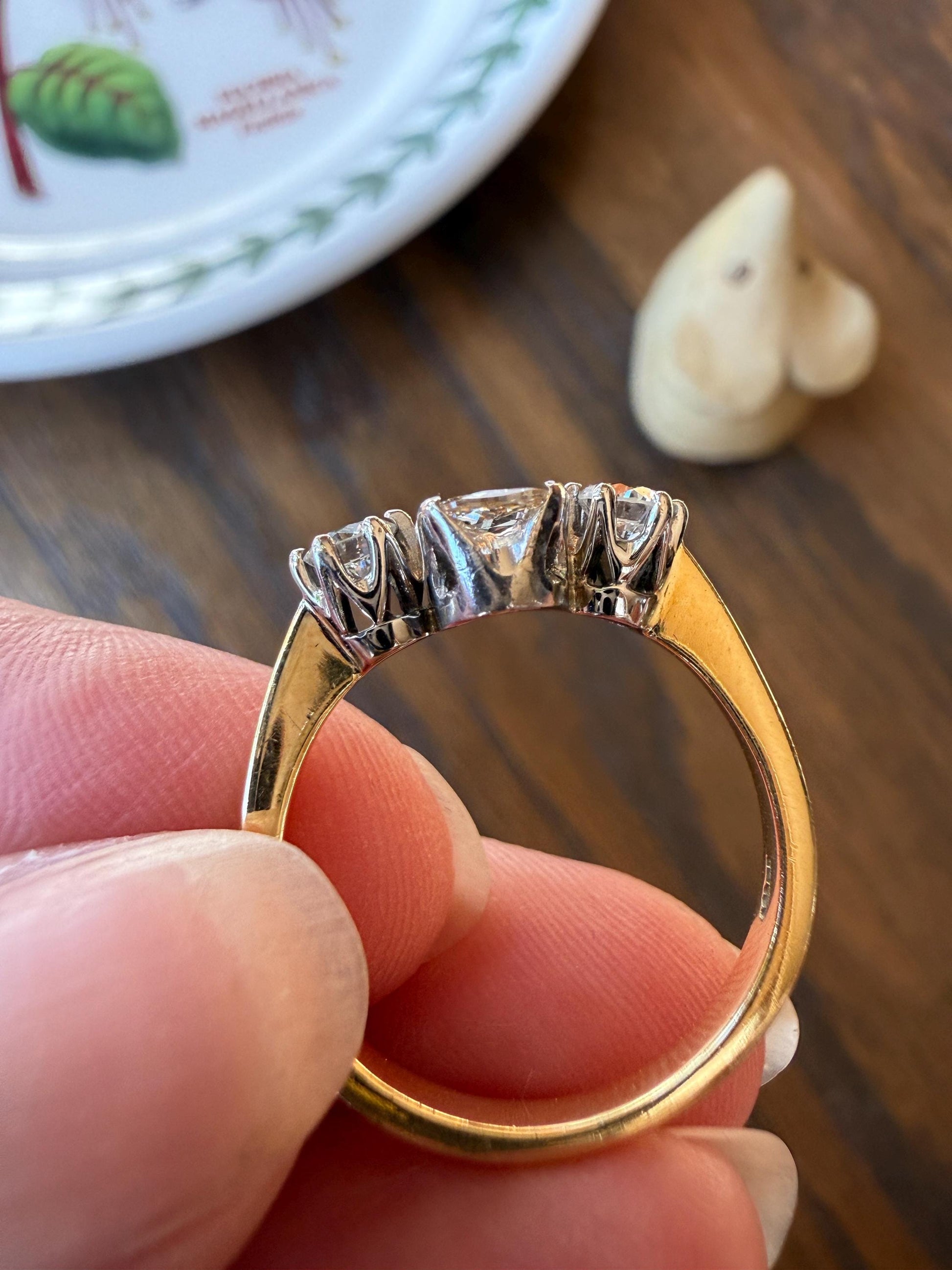 Unique Vintage Elongated Natural VS Portrait Rose Cut Three Stone DIAMOND Ring 18k Gold Solid Cushion Oval Stacker Band