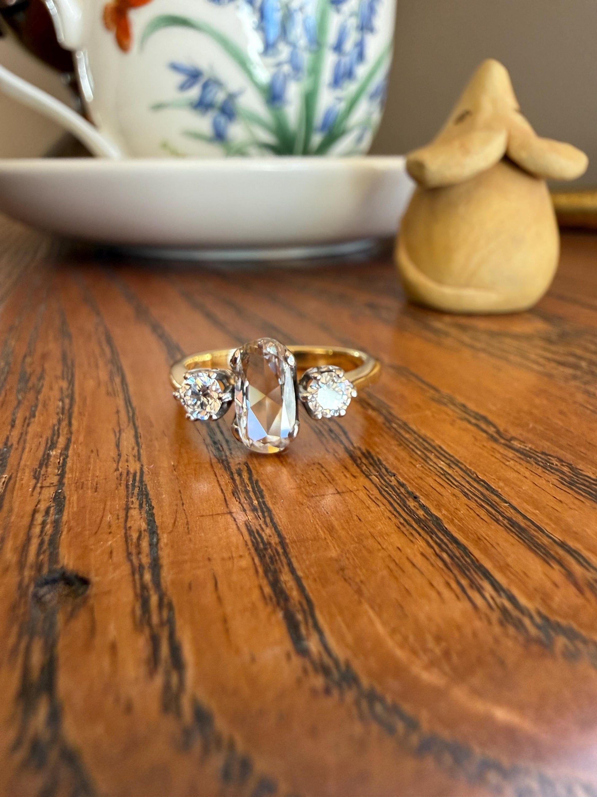 Unique Vintage Elongated Natural VS Portrait Rose Cut Three Stone DIAMOND Ring 18k Gold Solid Cushion Oval Stacker Band