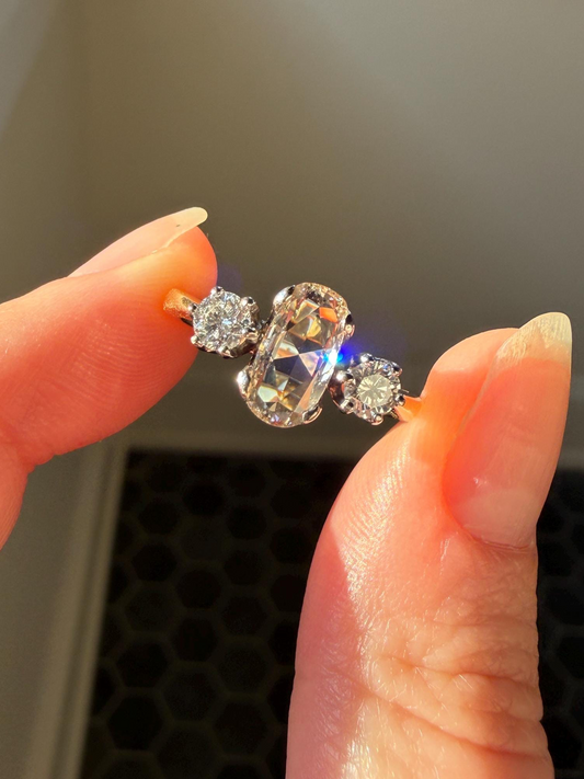 Unique Vintage Elongated Natural VS1 Portrait Rose Cut Three Stone DIAMOND Ring 18k Gold Solid Cushion Oval Stacker Band