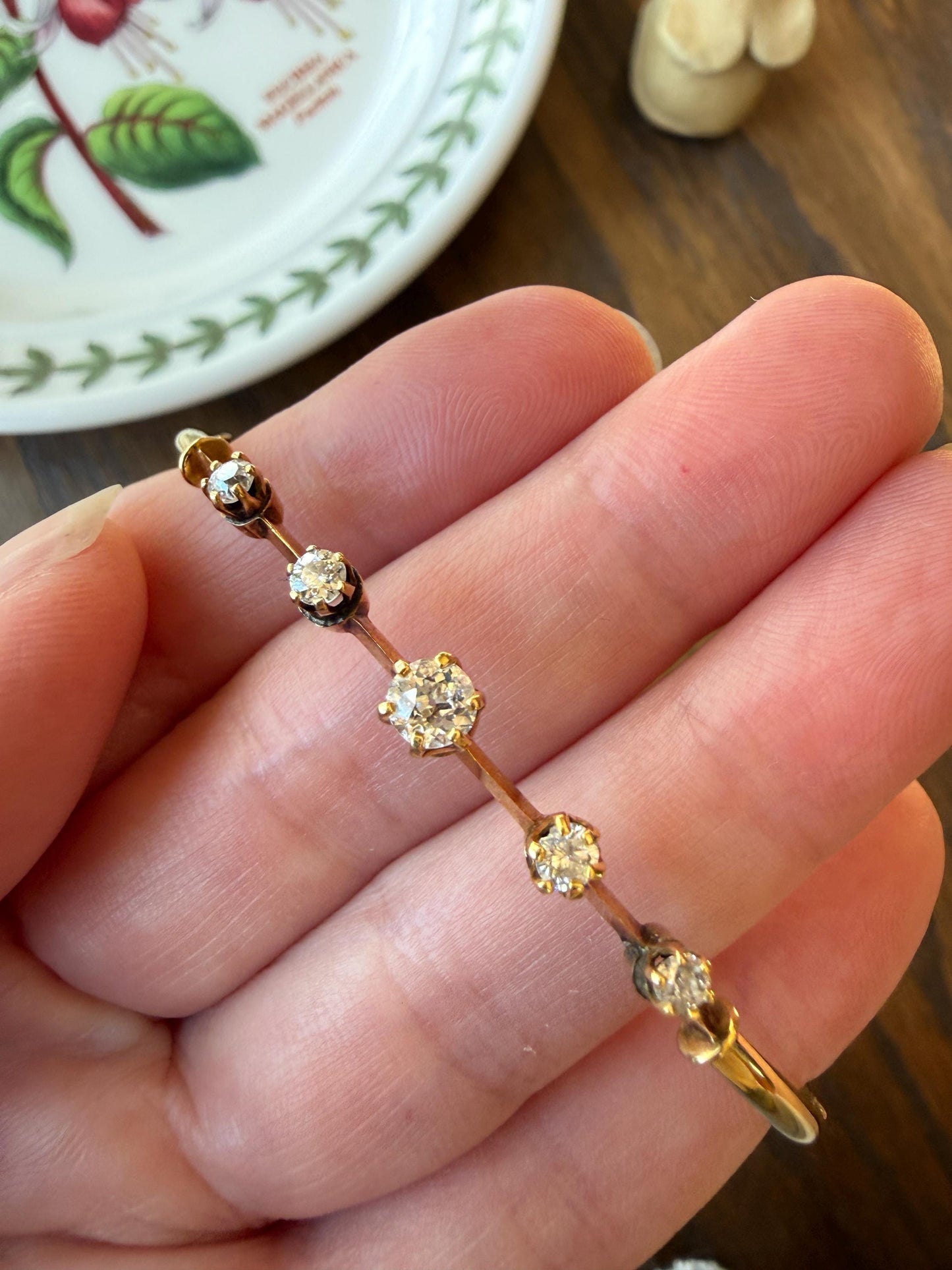 ANTIQUE Old European Mine Cut DIAMOND BANGLE Bracelet 15k Gold Solid Hinged Five Stone Prong Set Linear