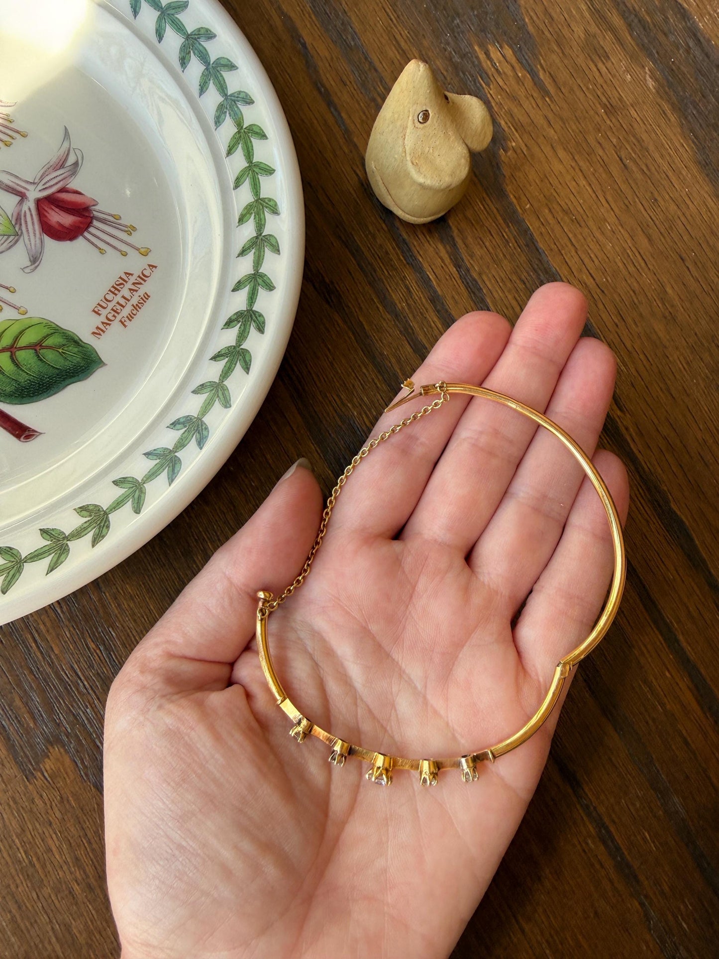 ANTIQUE Old European Mine Cut DIAMOND BANGLE Bracelet 15k Gold Solid Hinged Five Stone Prong Set Linear