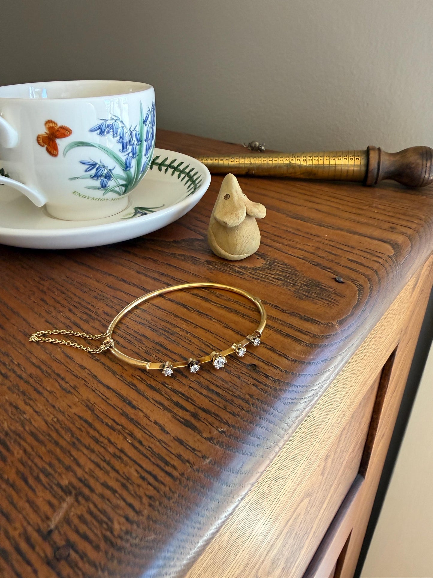 ANTIQUE Old European Mine Cut DIAMOND BANGLE Bracelet 15k Gold Solid Hinged Five Stone Prong Set Linear