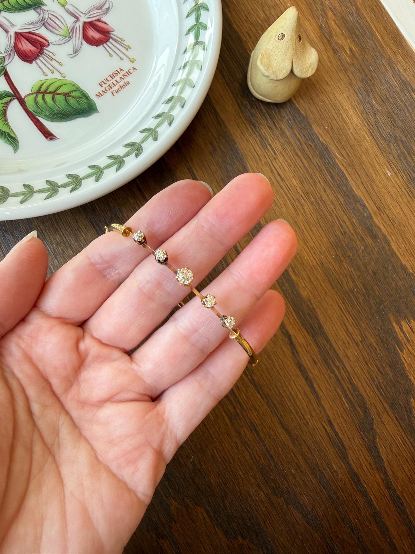 ANTIQUE Old European Mine Cut DIAMOND BANGLE Bracelet 15k Gold Solid Hinged Five Stone Prong Set Linear