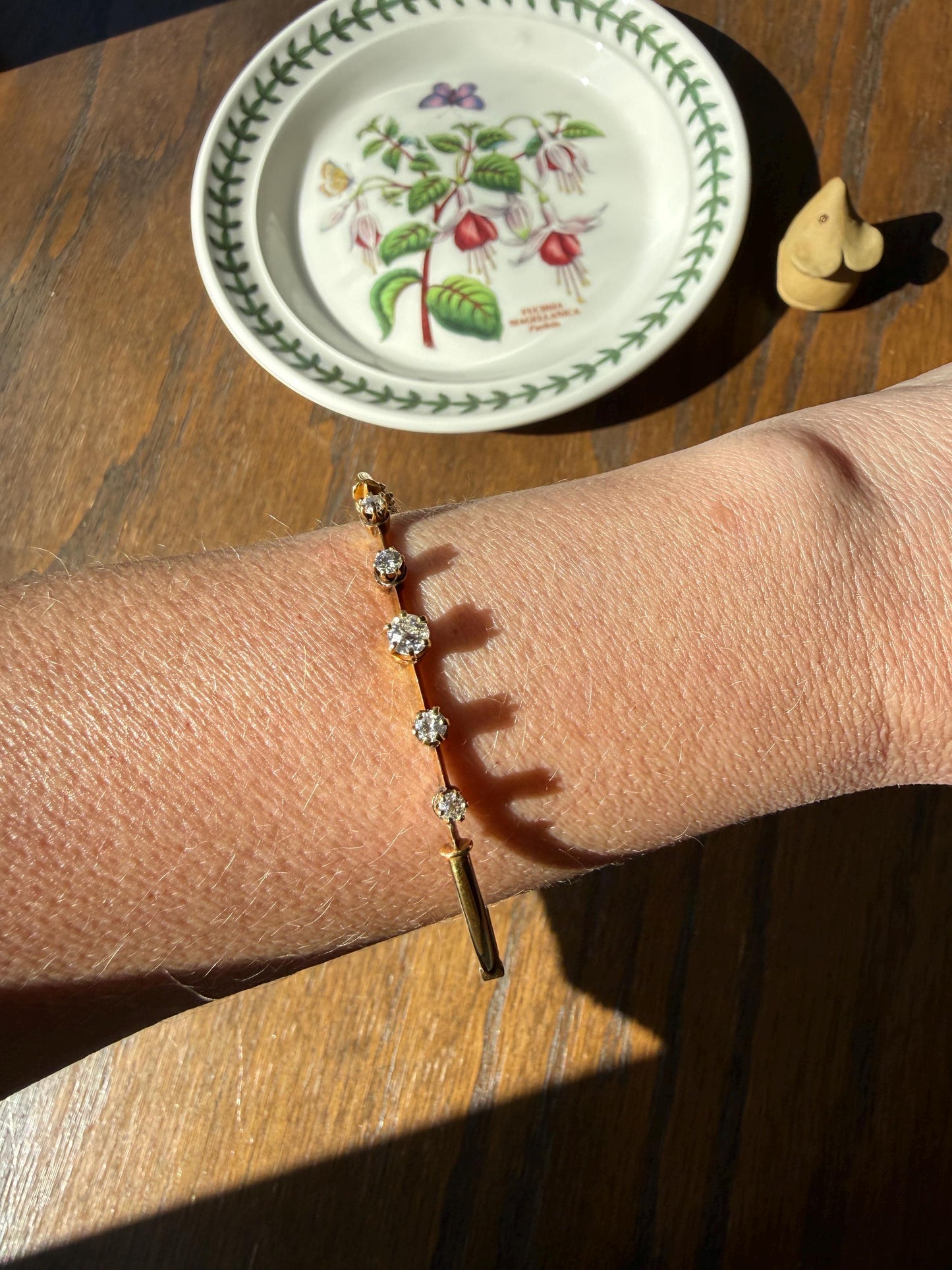 ANTIQUE Old European Mine Cut DIAMOND BANGLE Bracelet 15k Gold Solid Hinged Five Stone Prong Set Linear