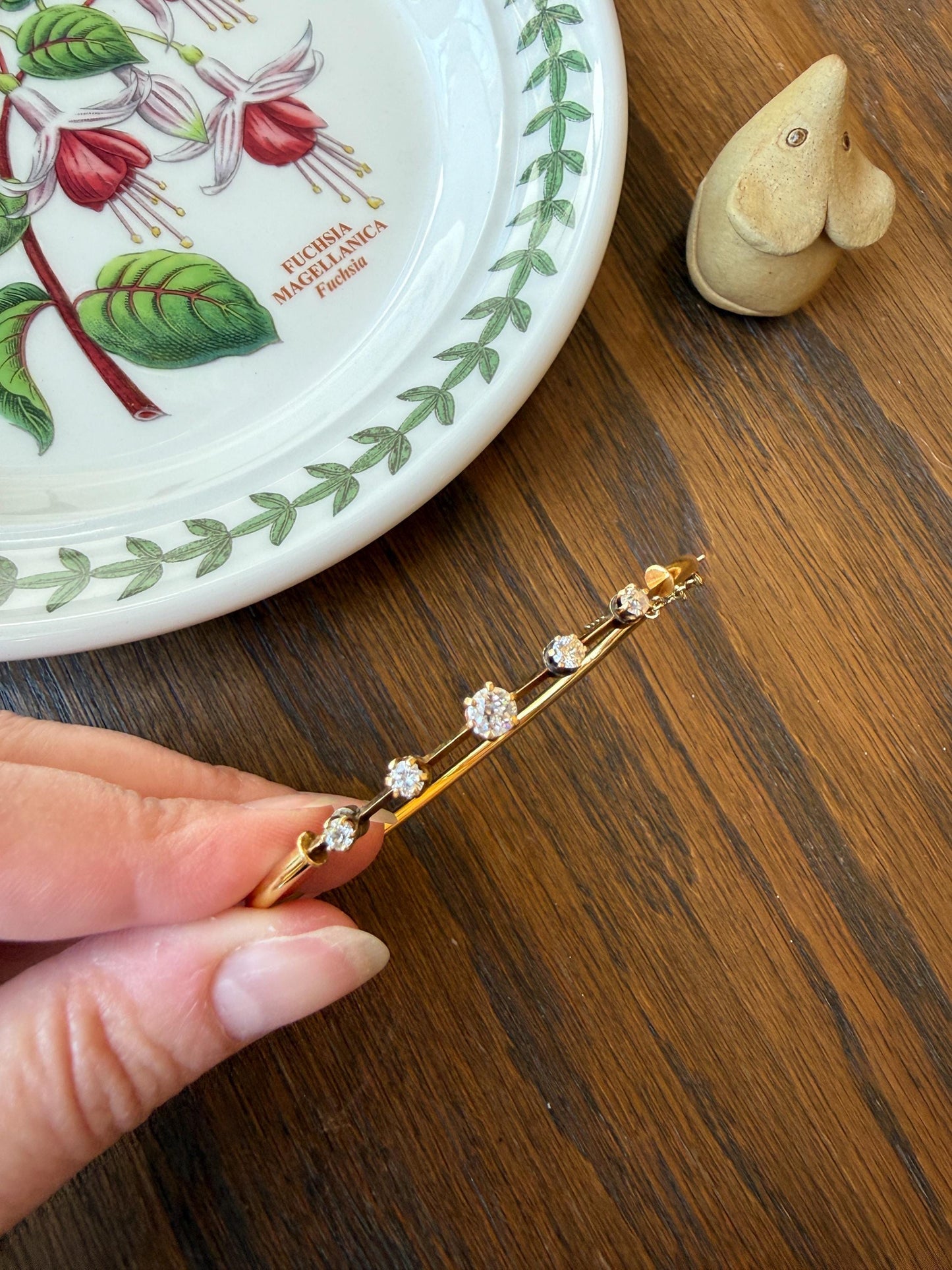 ANTIQUE Old European Mine Cut DIAMOND BANGLE Bracelet 15k Gold Solid Hinged Five Stone Prong Set Linear