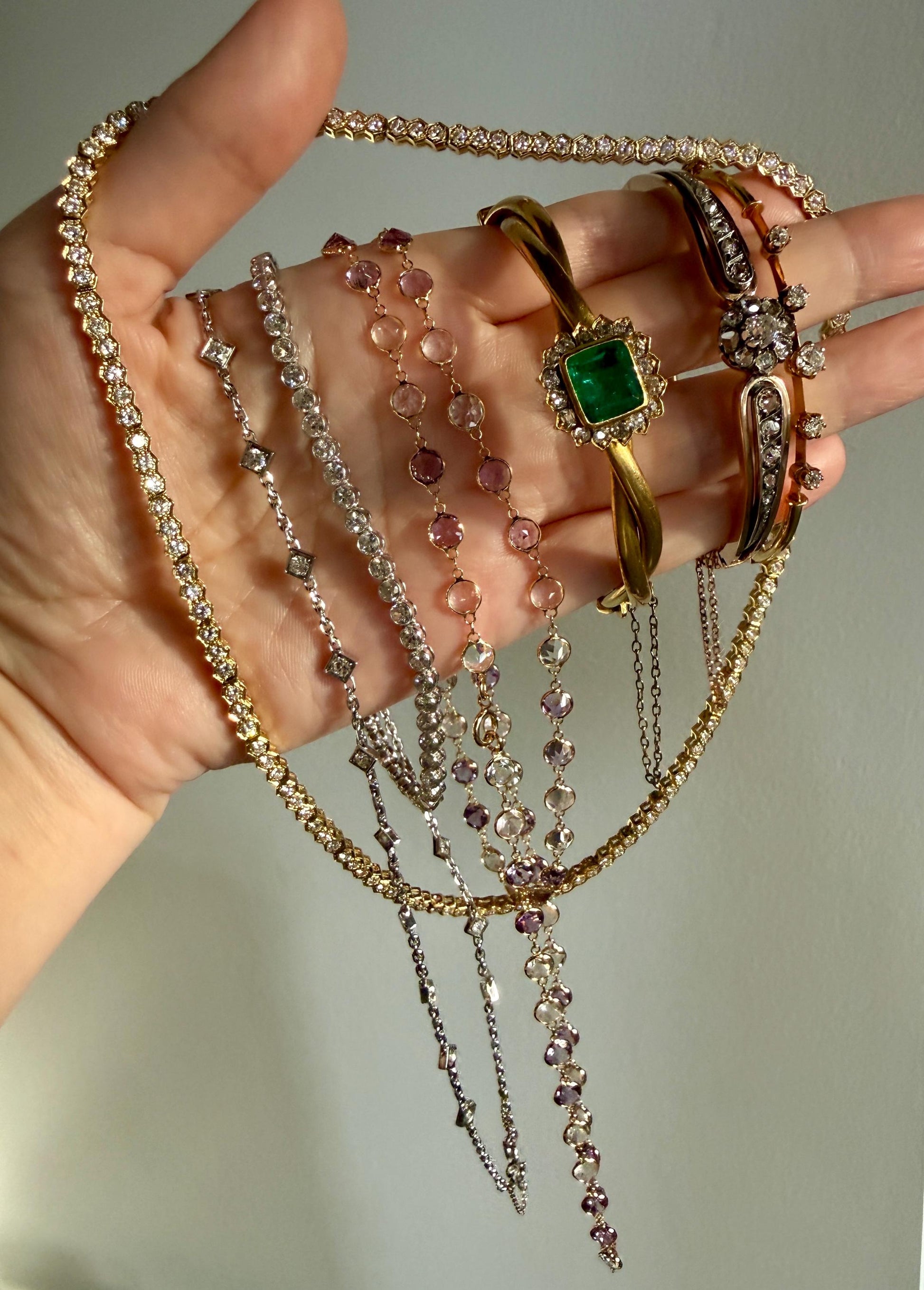 ANTIQUE Old European Mine Cut DIAMOND BANGLE Bracelet 15k Gold Solid Hinged Five Stone Prong Set Linear