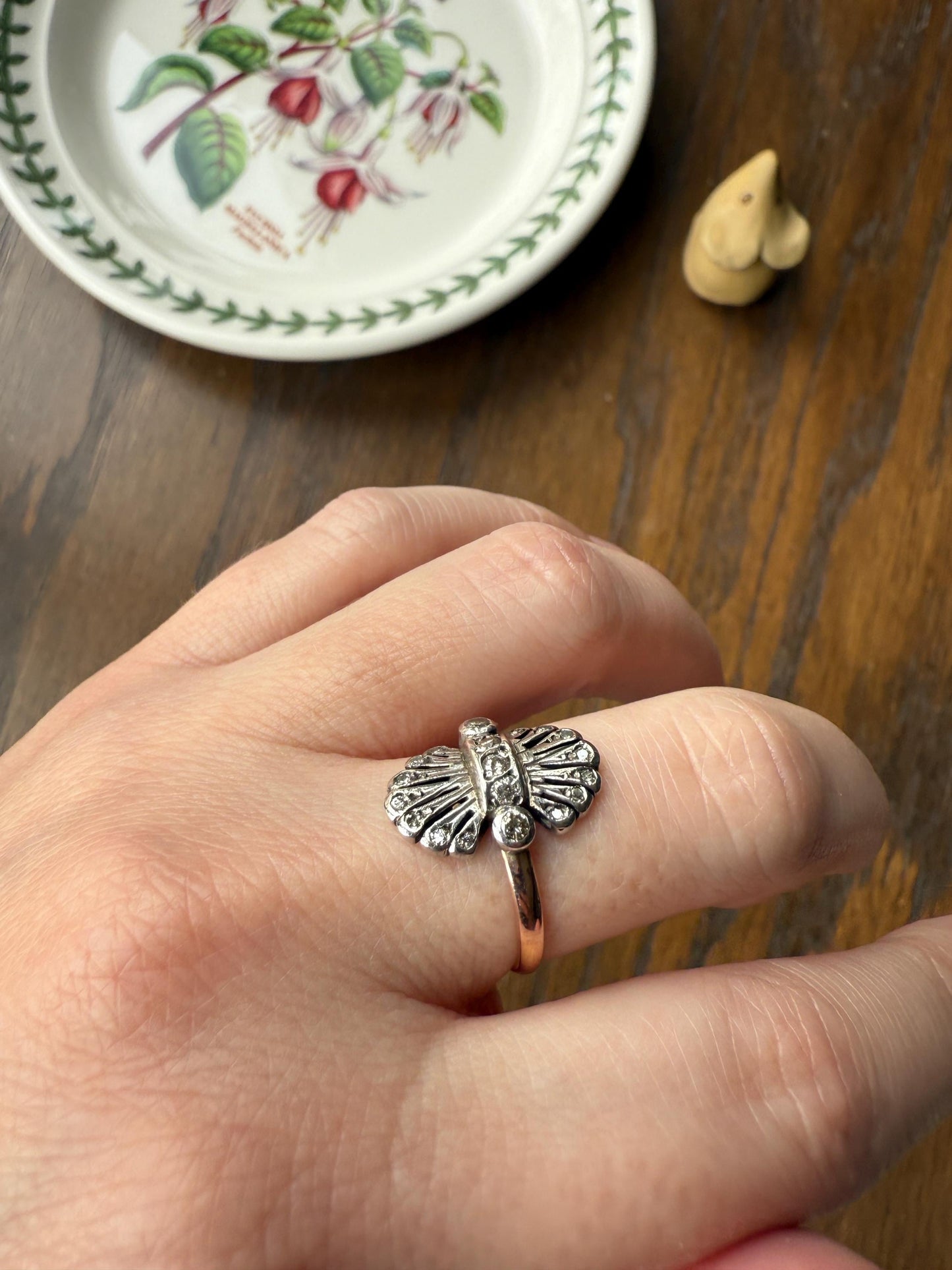 Antique Fan Feather Art Deco Natural Diamond Figural Ring 14k Gold Solid Silver Architectural