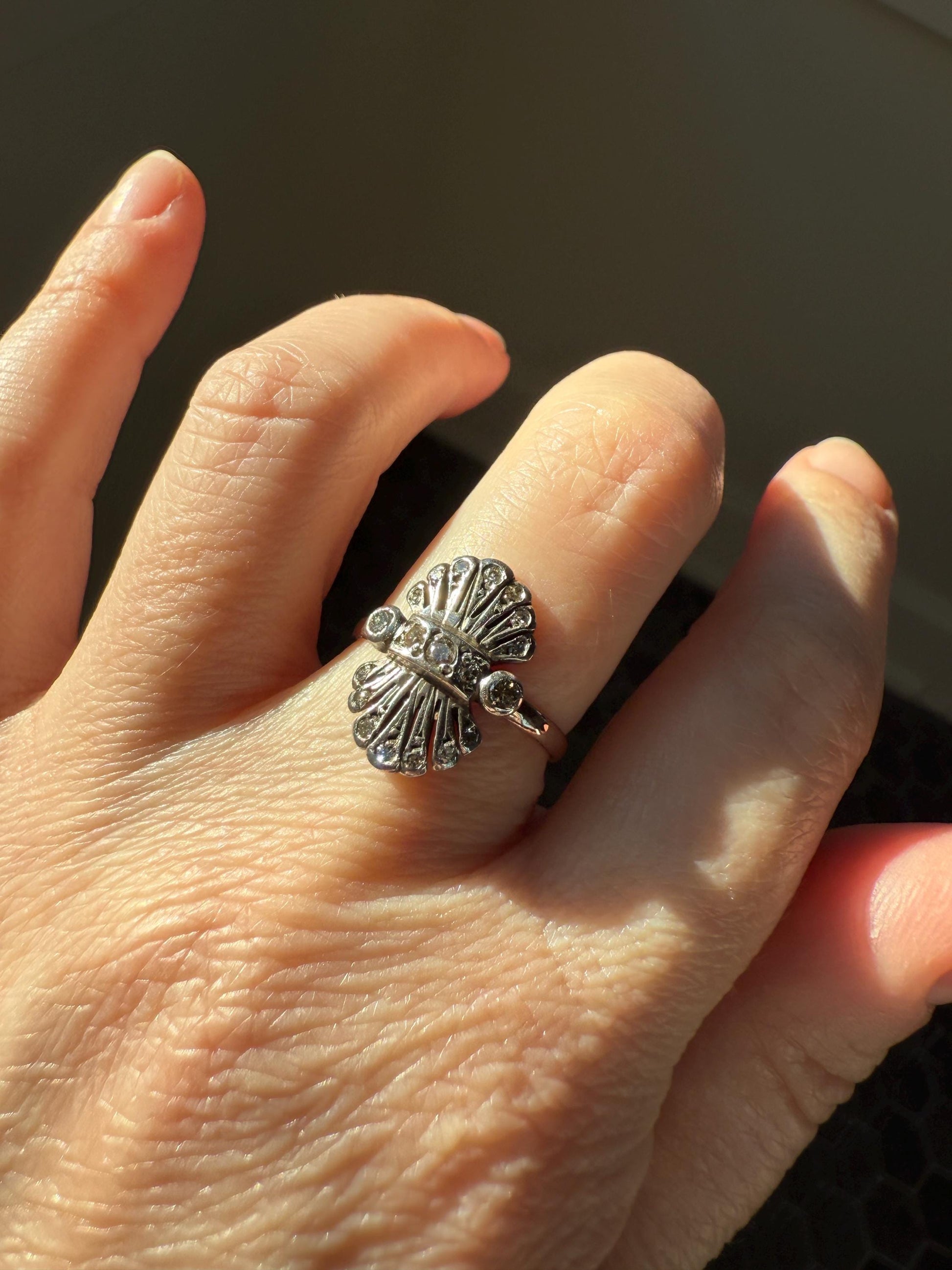 Antique Fan Feather Art Deco Natural Diamond Figural Ring 14k Gold Solid Silver Architectural