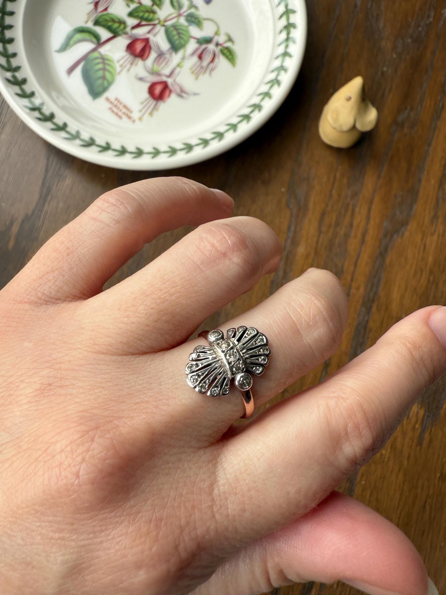 Antique Fan Feather Art Deco Natural Diamond Figural Ring 14k Gold Solid Silver Architectural
