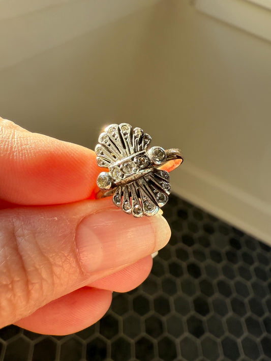 Antique Fan Feather Art Deco Natural Diamond Figural Ring 14k Gold Solid Silver Architectural