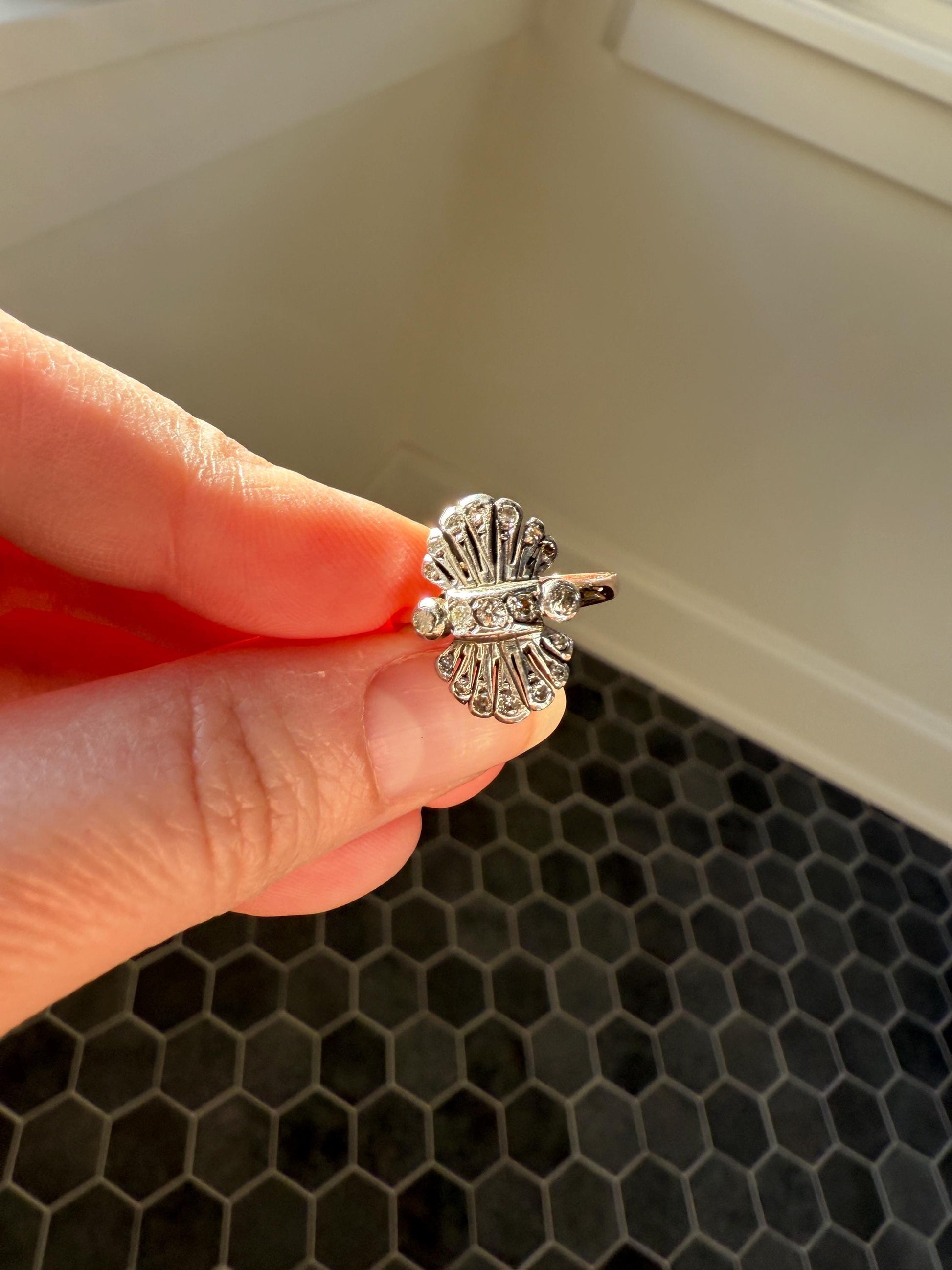 Antique Fan Feather Art Deco Natural Diamond Figural Ring 14k Gold Solid Silver Architectural