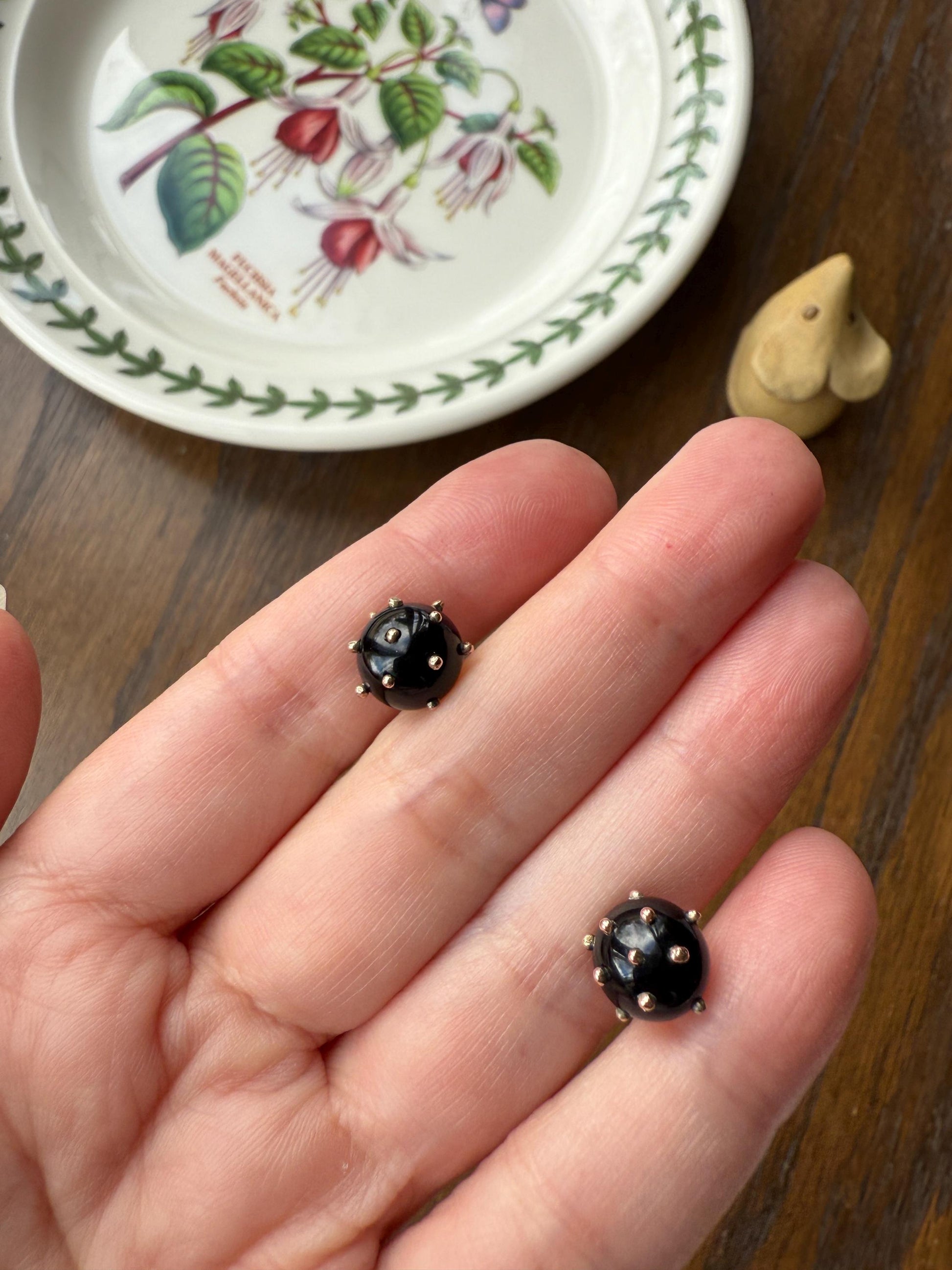 Sphere Circular 3D Victorian Black Spiked Stud Earrings with Ball Rivets " Sputnik " Style but Antique 10k Gold Studs Jet?
