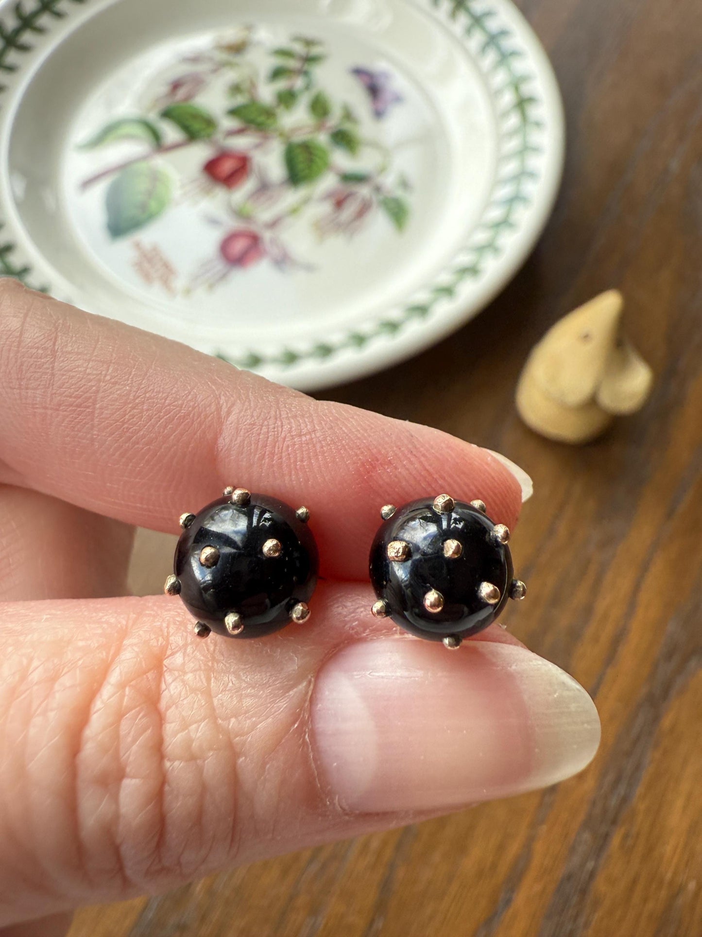 Sphere Circular 3D Victorian Black Spiked Stud Earrings with Ball Rivets " Sputnik " Style but Antique 10k Gold Studs Jet?