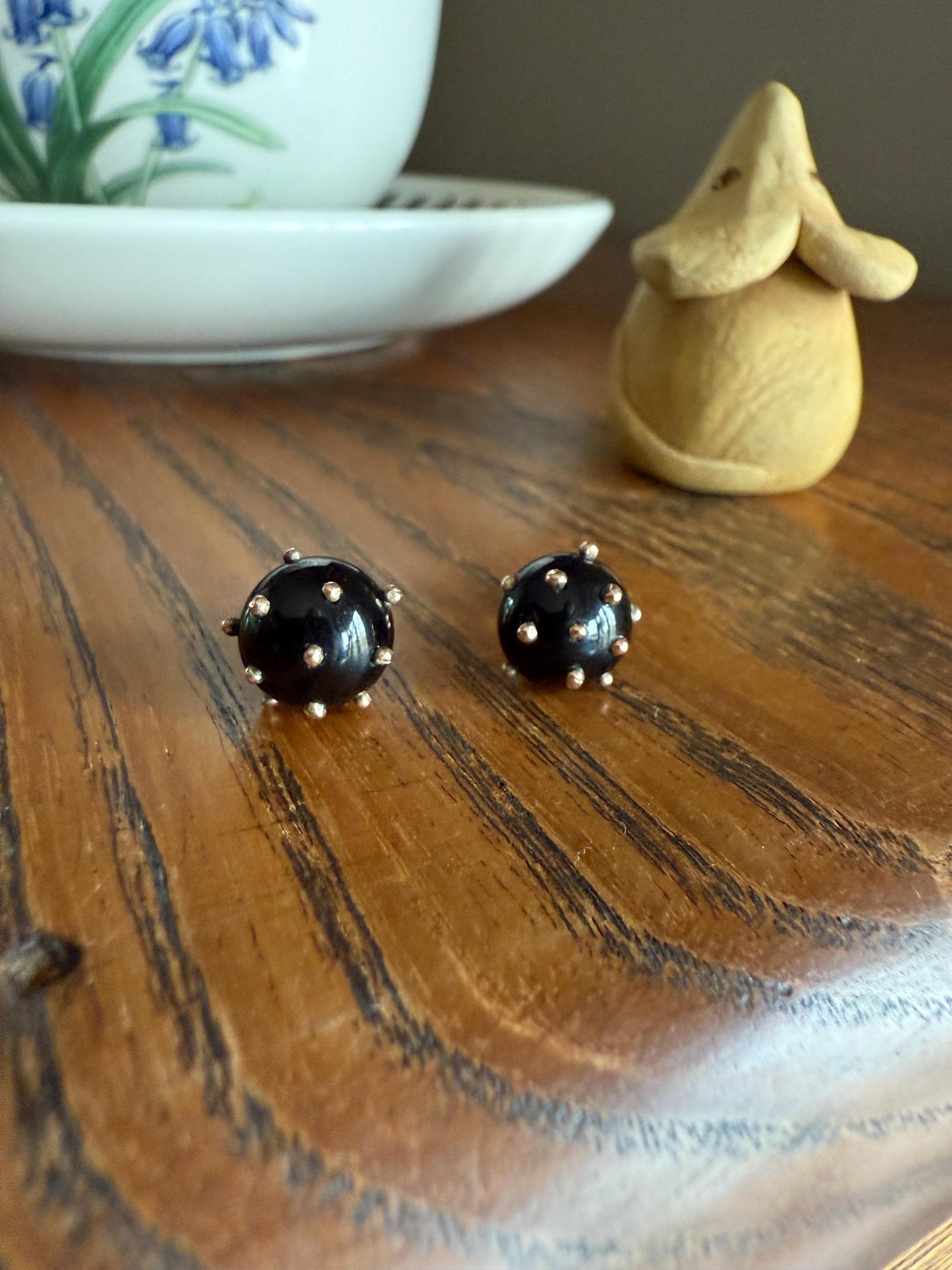 Sphere Circular 3D Victorian Black Spiked Stud Earrings with Ball Rivets " Sputnik " Style but Antique 10k Gold Studs Jet?