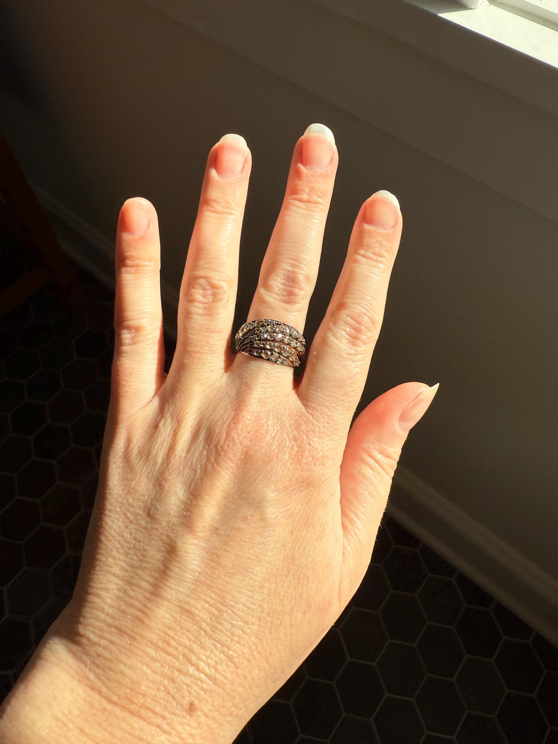 Swirl Wide Band Champagne Natural Rose Cut Diamond Vintage 9k Gold Solid Ring Stacker Linear Swoosh