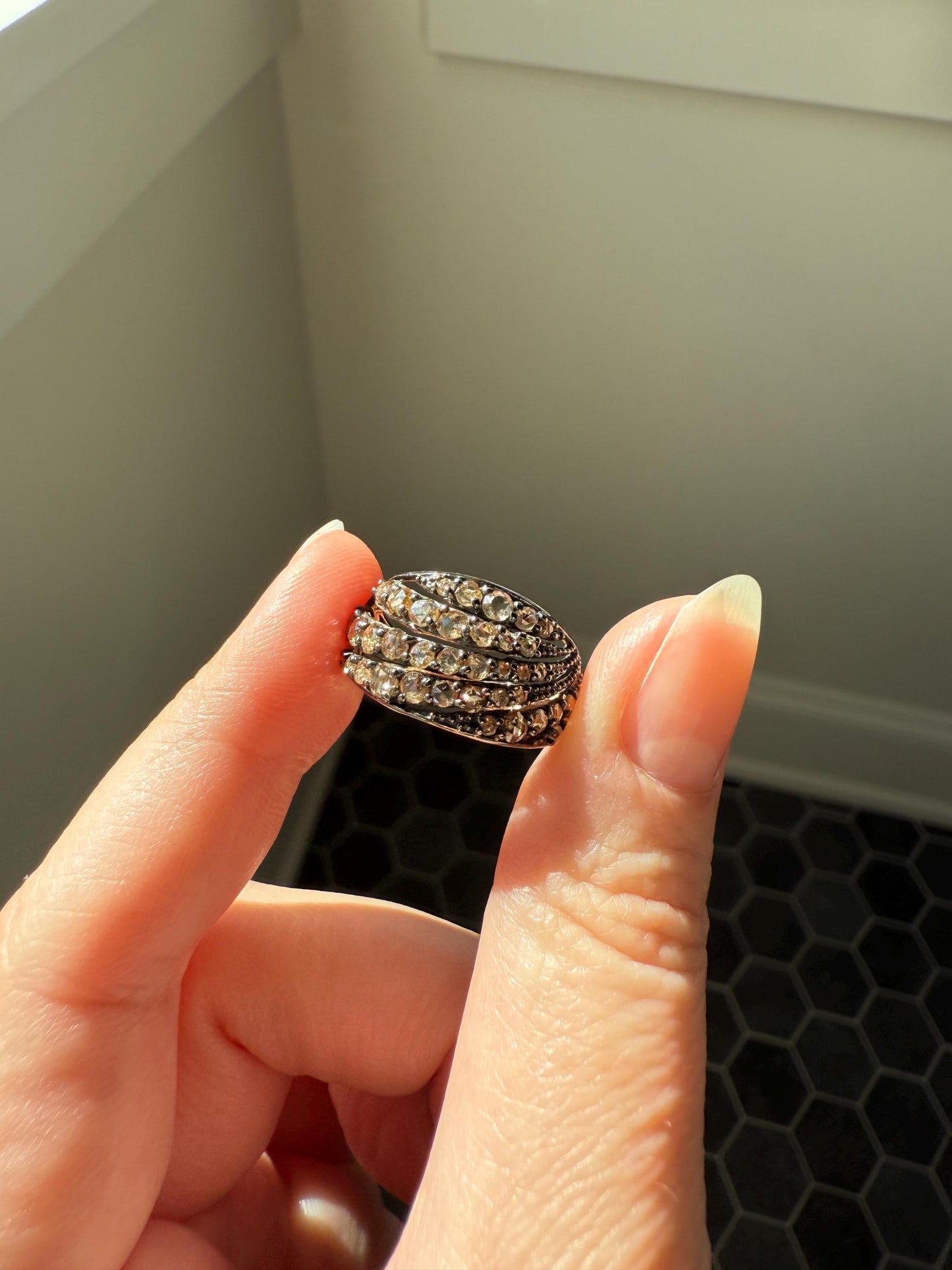 Swirl Wide Band Champagne Natural Rose Cut Diamond Vintage 9k Gold Solid Ring Stacker Linear Swoosh