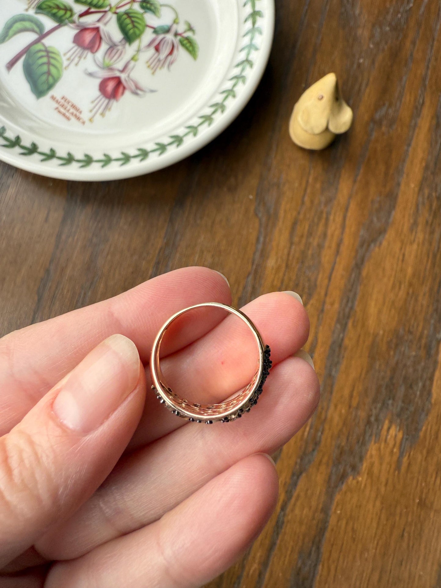 Swirl Wide Band Champagne Natural Rose Cut Diamond Vintage 9k Gold Solid Ring Stacker Linear Swoosh