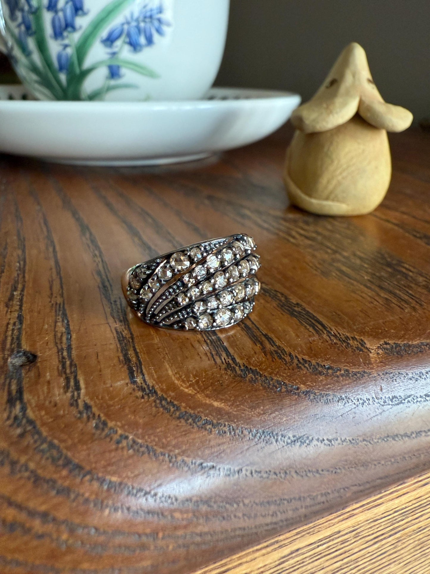 Swirl Wide Band Champagne Natural Rose Cut Diamond Vintage 9k Gold Solid Ring Stacker Linear Swoosh